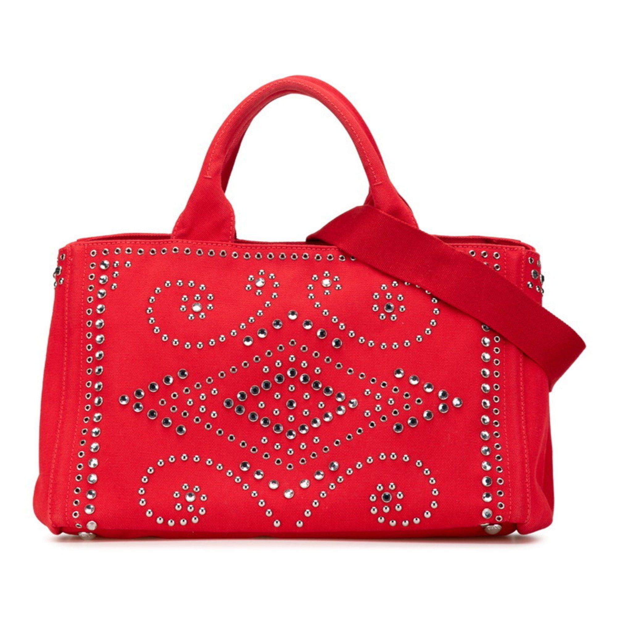 Prada Canapa Studded Beaded Handbag Shoulder Bag Red Canvas Women's Prada