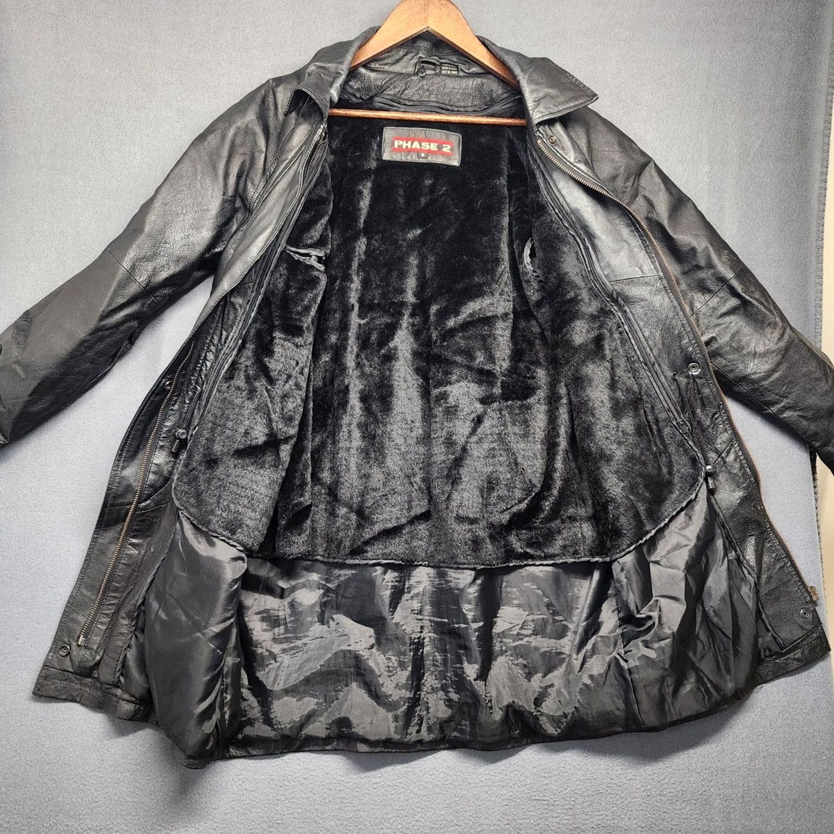 Vintage Phase 2 Leather Coat Mens Medium Black Zip Front Removable Faux Fur Liner Coat Size US M / EU 48-50 / 2 - 3 Thumbnail