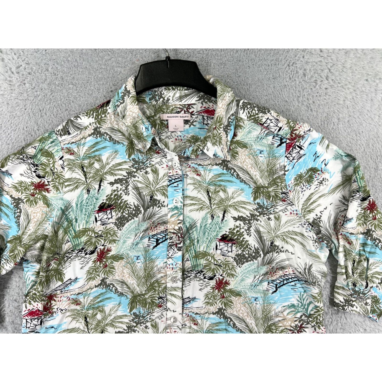 Vintage Allison Daley Shirt Womens Large Green Blue Palm Hut Beach Print 100% Rayon Shirt Womens Large Green Palm Beach 80s 90s Classic Outdoor Mens Women Size L / US 10 / IT 46 - 7 Thumbnail