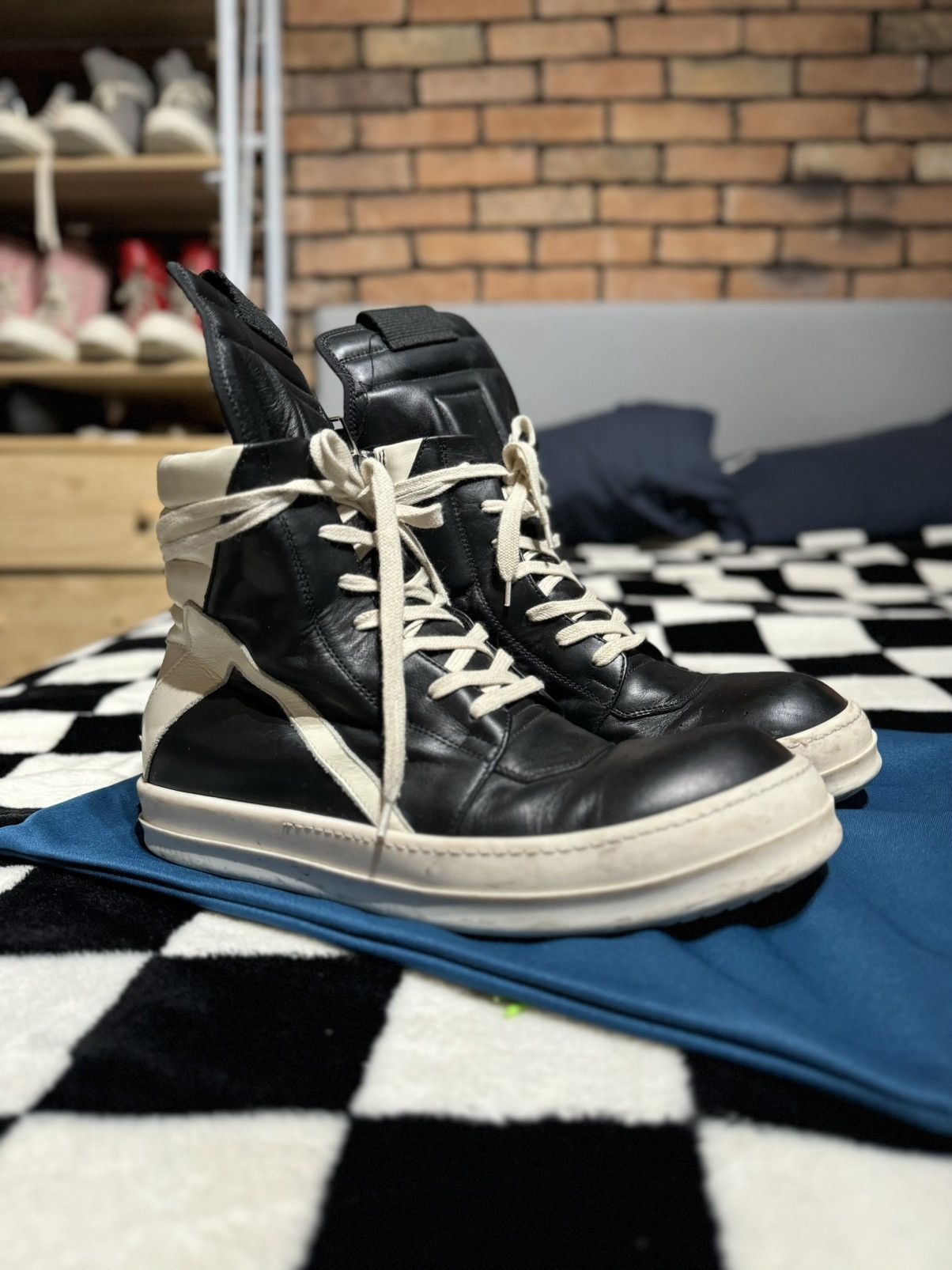 Rick Owens $1165 MAINLINE GEOBASKET 42 SZ9 BLACK MILK FULL LEATHER | Grailed