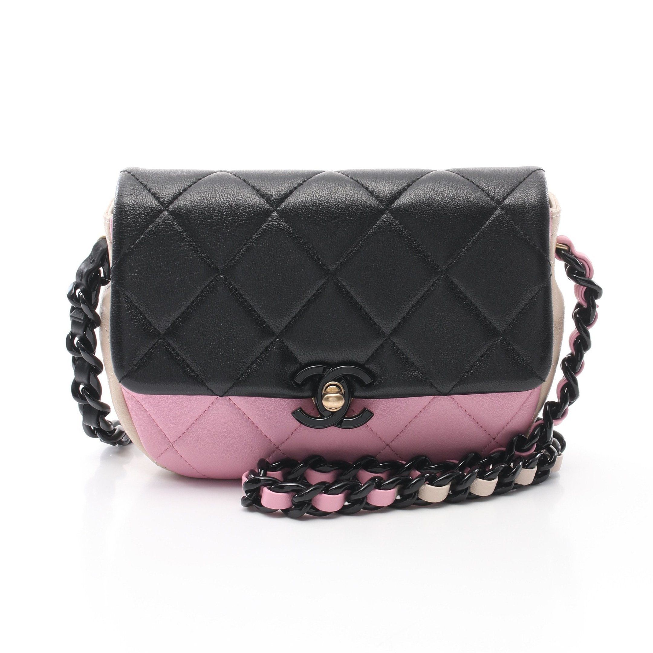 Chanel Matelasse Mini Flap Chain Shoulder Bag Lambskin Black Pink Multicolor Hardware, Women's