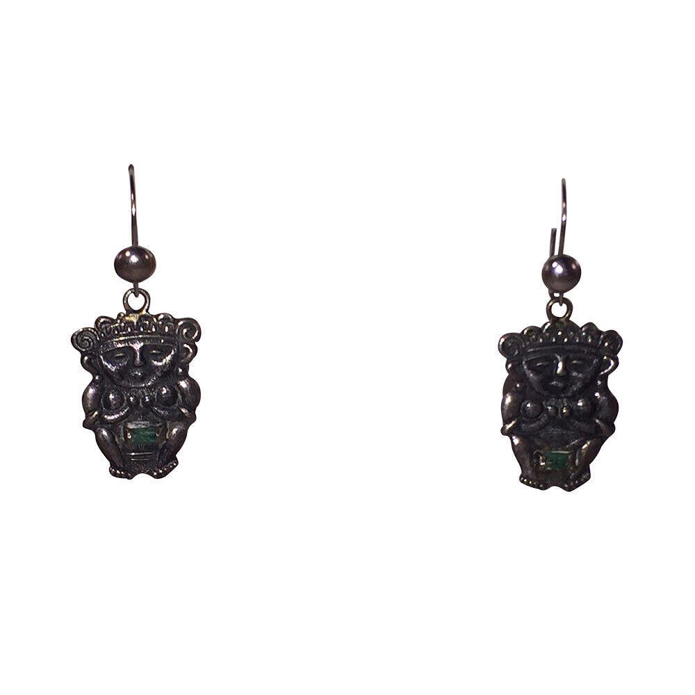 Silver Figurine Colombian Emerald Baguette Dangle Earrings