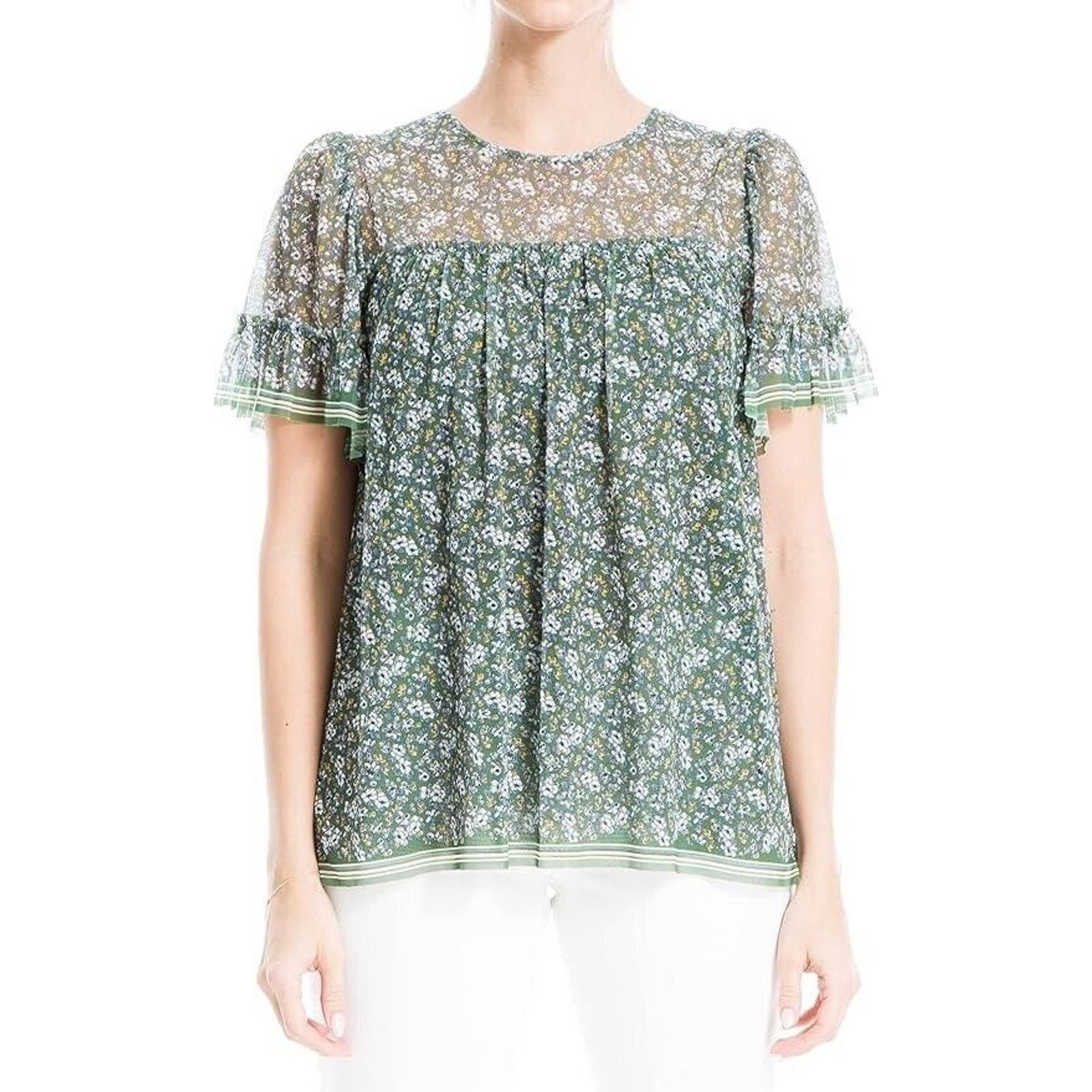 Other Max Studio Shirt Sheer Blouse Floral Short Sleeve Ruffle XS Size XS / US 0-2 / IT 36-38 - 1 Thumbnail