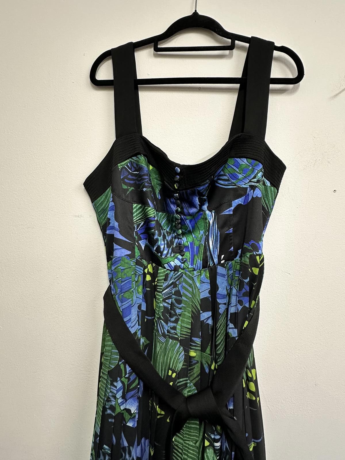 Other Karen Miller Women's Maxi Dress with Blue & Green Leaf Print Size L / US 10 / IT 46 - 2 Thumbnail