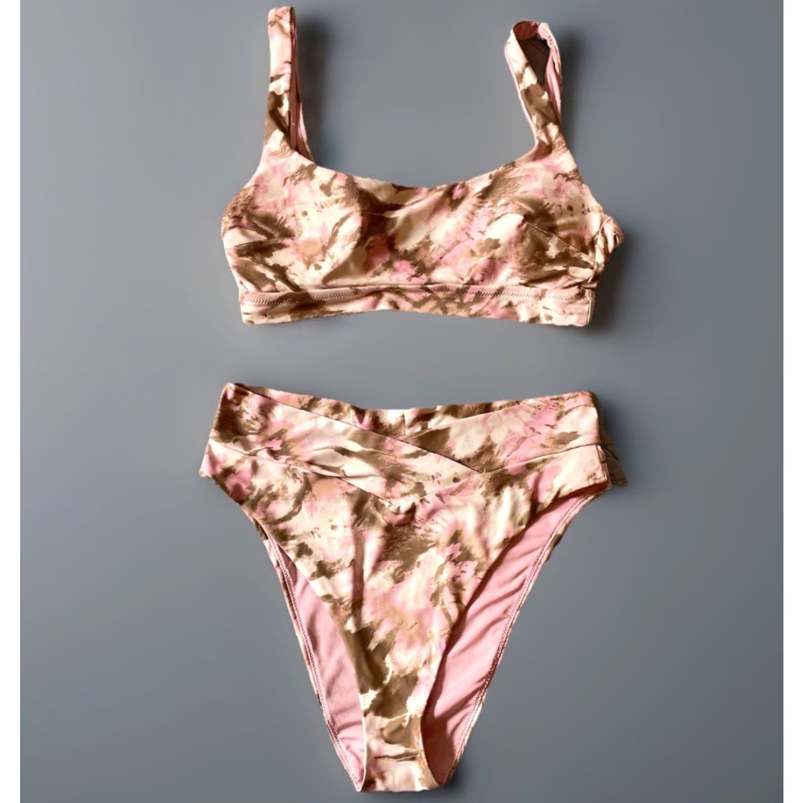 Vintage Aerie Bikini Top Bottom 2 Piece Large Pink Brown Wide Strap Scoop Swimsuit Set Size ONE SIZE - 2 Thumbnail