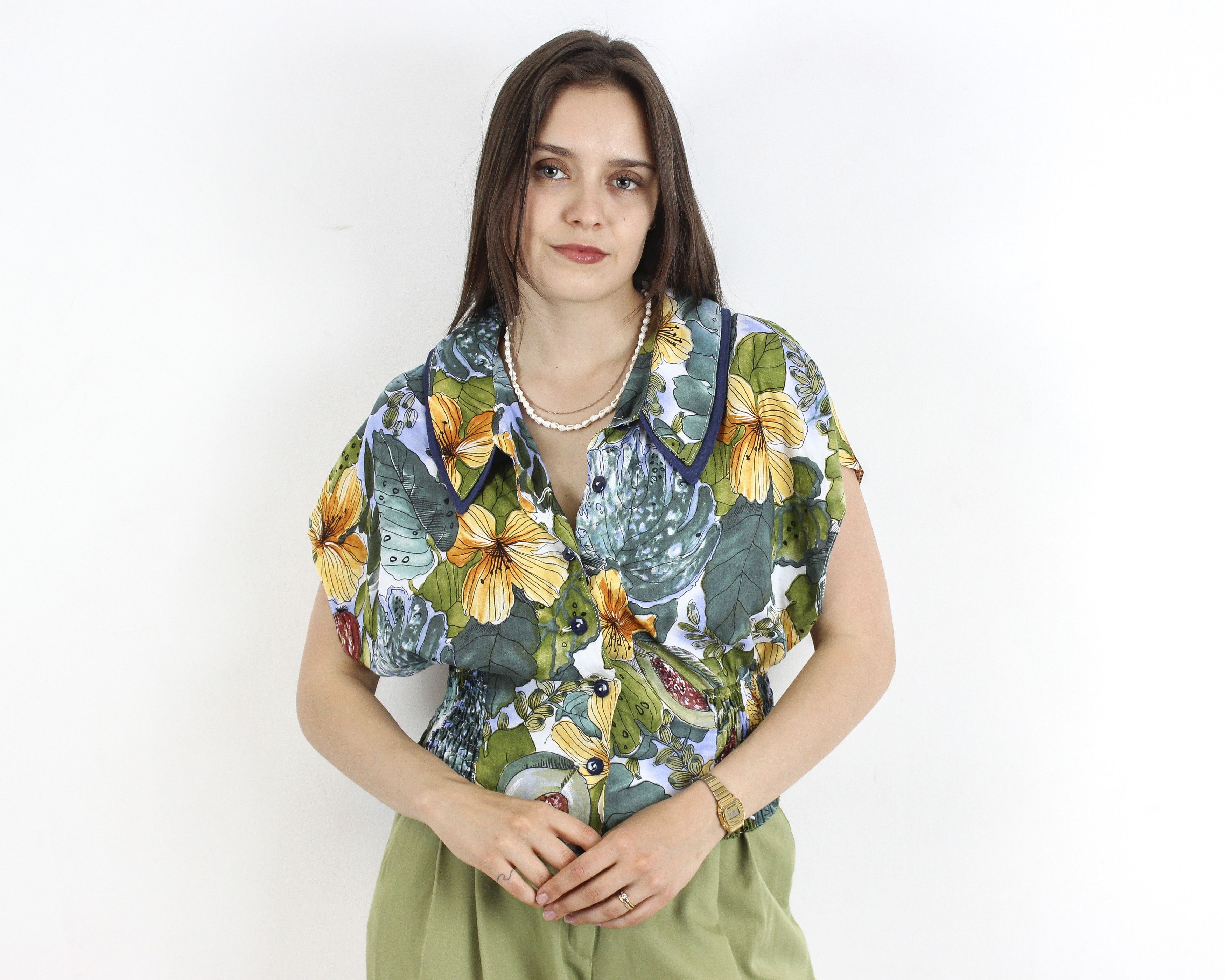 Other × Vintage Cropped Blouse Button Up Shirt Short Sleeves Floral Print Size L / US 10 / IT 46 - 1 Thumbnail