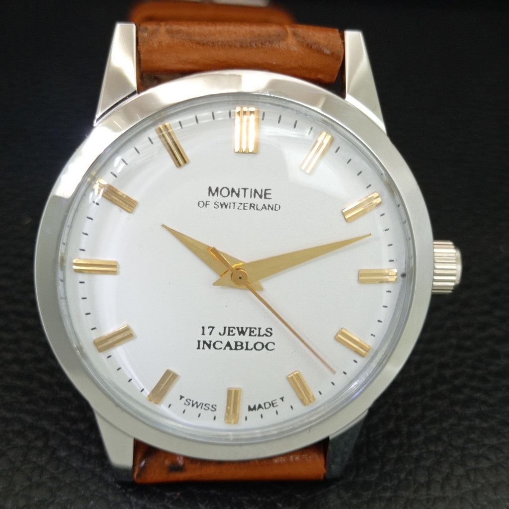 Other VINTAGE MONTINE HAND-WINDING SWISS MENS WHITE WATCH a444154 Size 38 - 4 Thumbnail