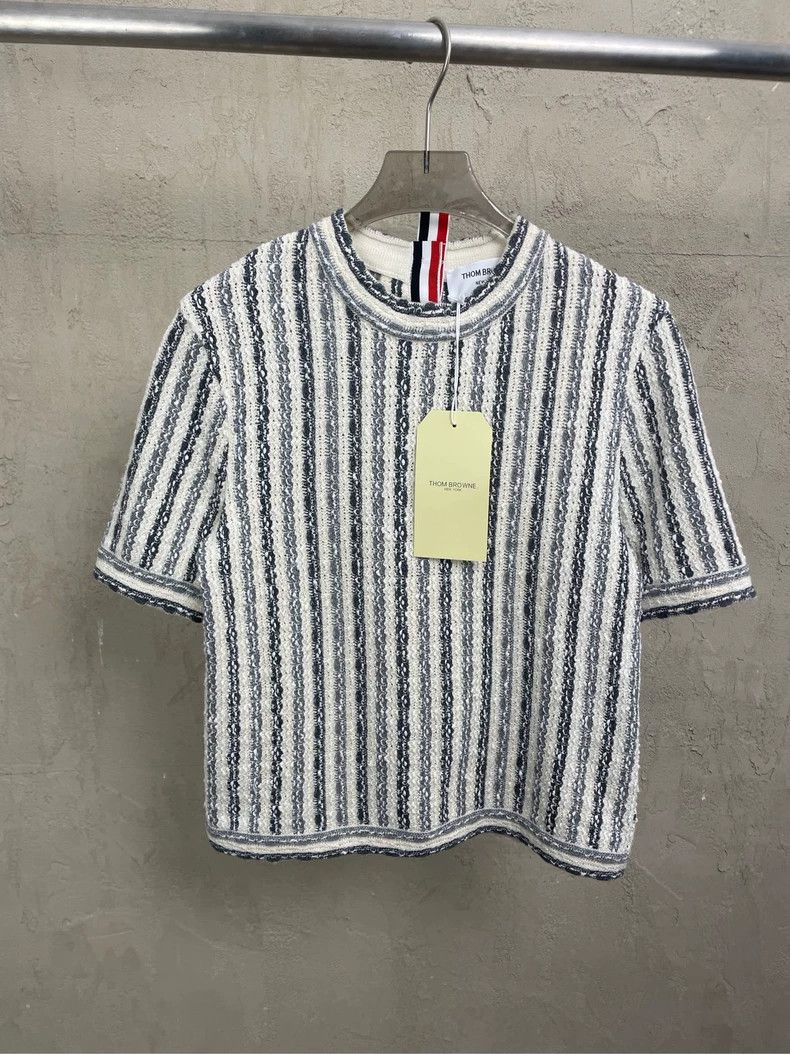 Thom browne Beige gray stripe jacquart silver buckle wool s