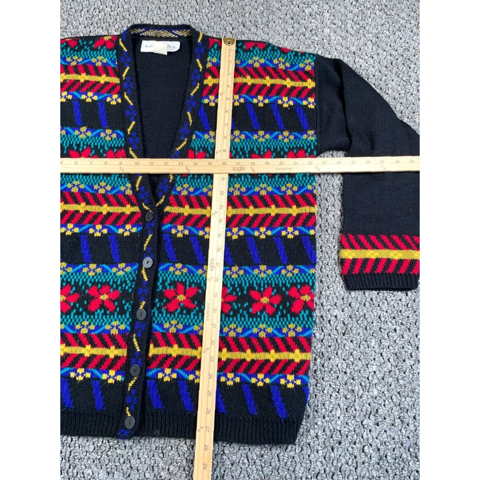 Vintage Vintage Women's Large Black Floral Geometric Knit Cardigan 90s Retro Fall Spring Winter Size L / US 10 / IT 46 - 6 Thumbnail