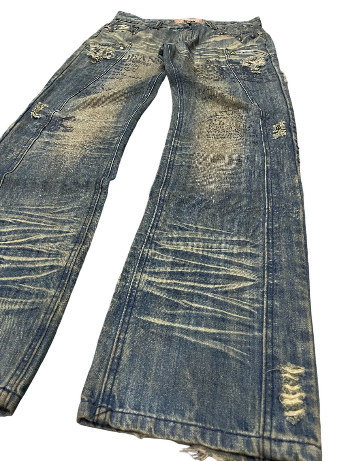 If Six Was Nine × Japanese Brand × Junya Watanabe Crazy Race Pierced & Studded Panelled Poem Mud Jeans Size US 32 / EU 48 - 8 Thumbnail