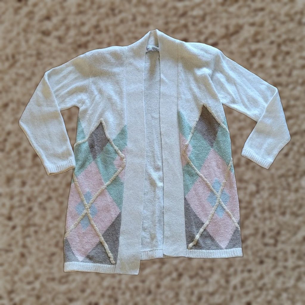 Vintage Stone Canyon Cardigan Sweater Womens Medium White Argyle Angora Silk 80s Size M / US 6-8 / IT 42-44 - 1 Thumbnail