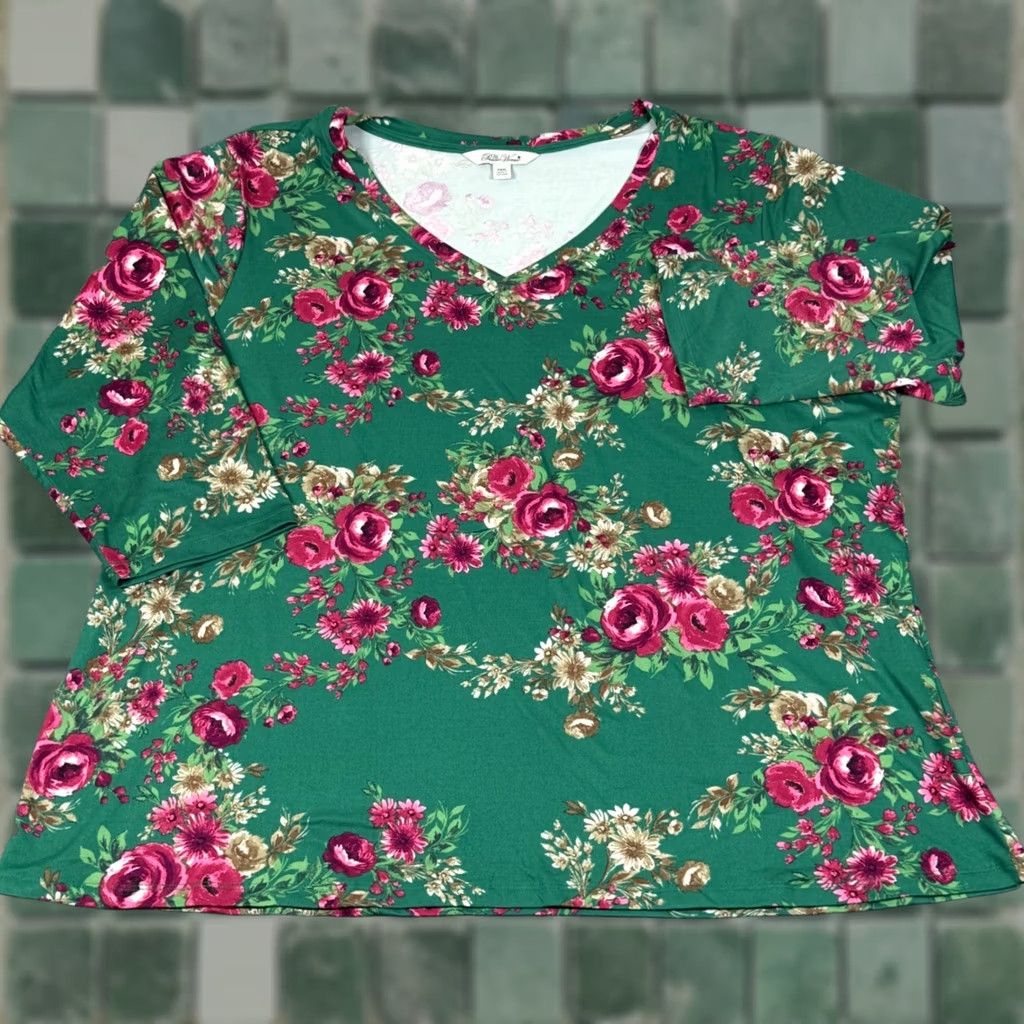 Vintage Pioneer Woman XXXL 3X Soft Floral V Neck 3/4 Sleeve Top Nature Garden Party Size XXL / US 16-18 / IT 52-54 - 1 Thumbnail