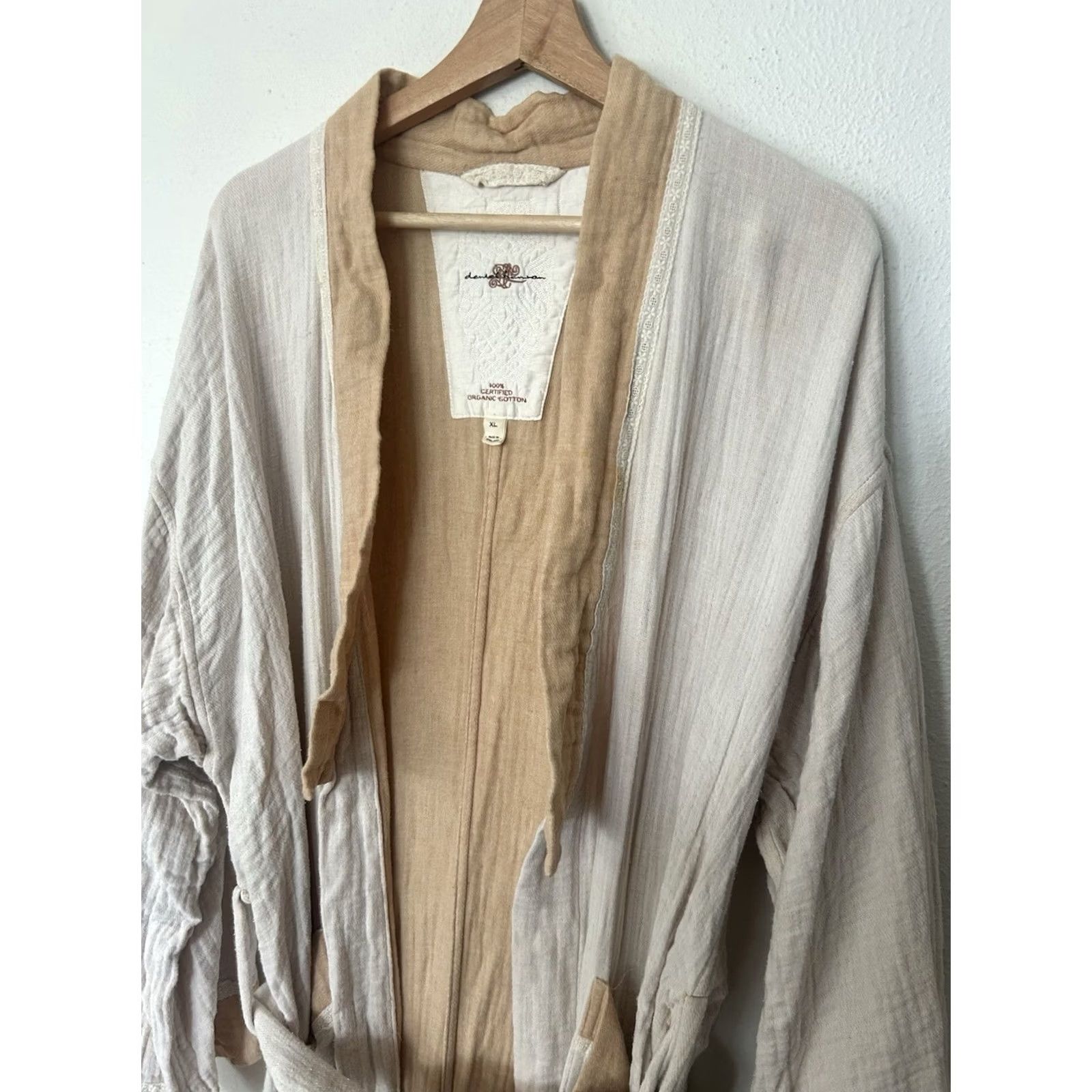 Harrods DANIEL HANSON Robe Unisex Adults XL Beige 100% Cotton Muslin Lace Belted Tie long Sleeve Size ONE SIZE - 3 Thumbnail