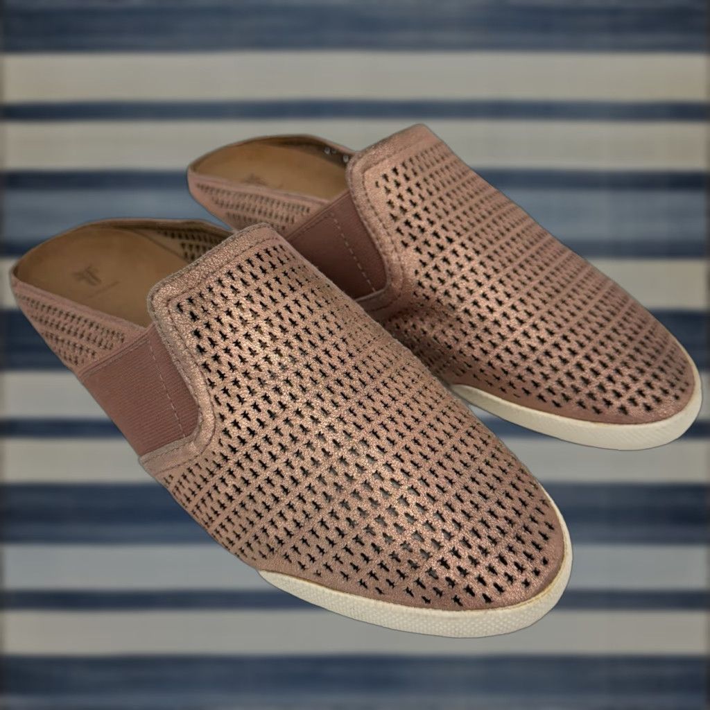 Frye Women's Melanie Slip-On Mule Shoes Flats Size 8.5 Pink Rose Gold Perforated Leather Bohemian