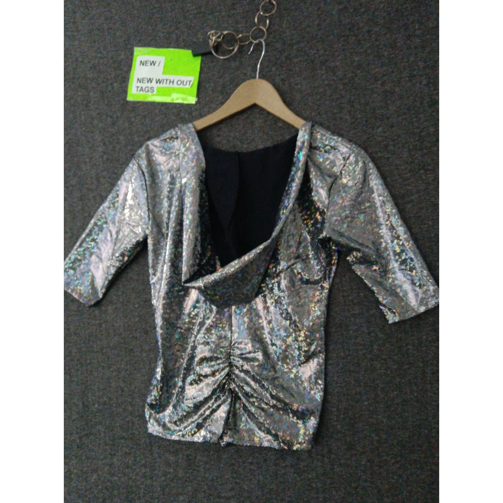 Vintage Womens Hooded Top V-Neck Shiny Silver XL Shirt Women Size XL / US 12-14 / IT 48-50 - 2 Thumbnail