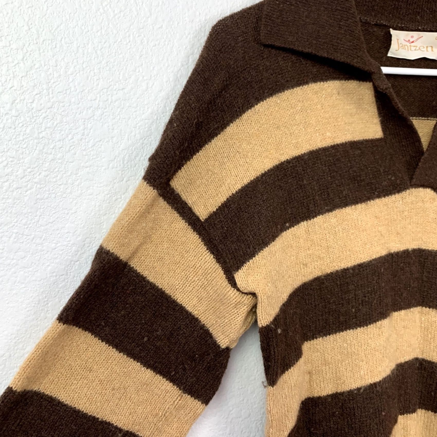 Jantzen VINTAGE Jantzen Polo Sweater Striped Knit Collared Mens L Brown Tan Pullover Rib-Knit Modern Classic Retro 90s Size US L / EU 52-54 / 3 - 2 Thumbnail