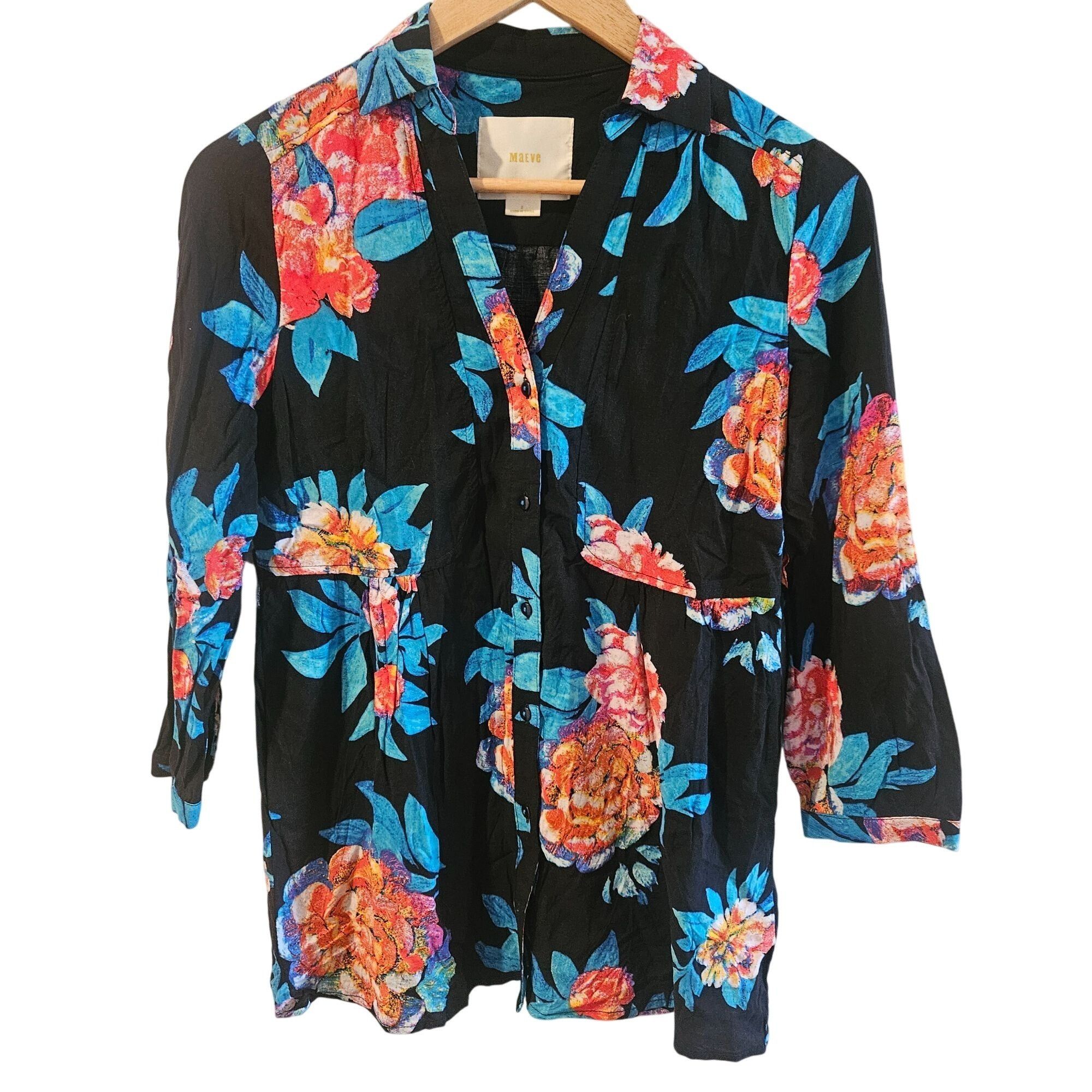 Anthropologie Maeve Black Floral Woman's Blouse 2 Cottage core Boho Chic Size XS / US 0-2 / IT 36-38 - 3 Thumbnail