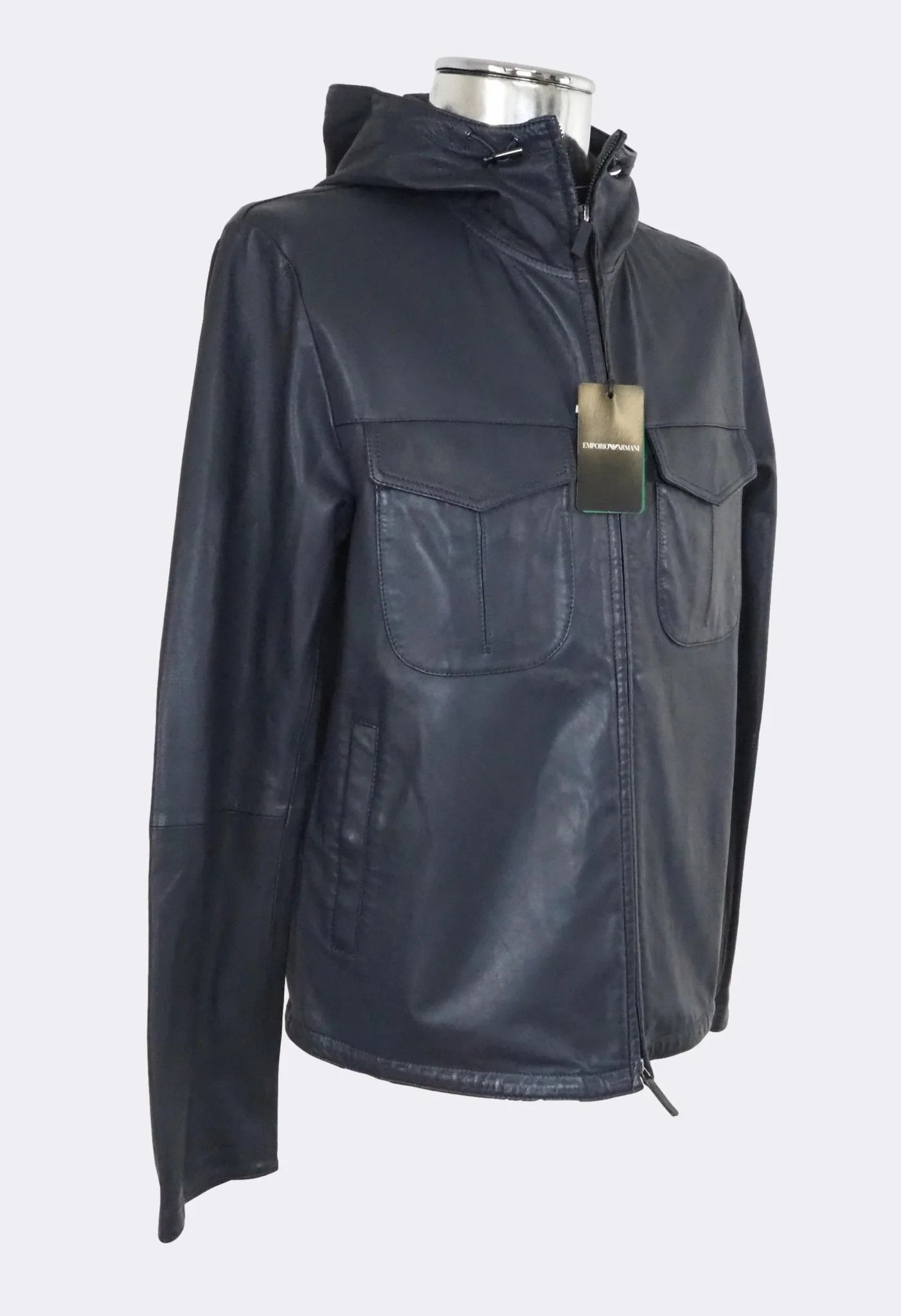Emporio Armani Dark Blue Hooded Zip-Front Leather Jacket $1175 Size US M / EU 48-50 / 2 - 8 Thumbnail