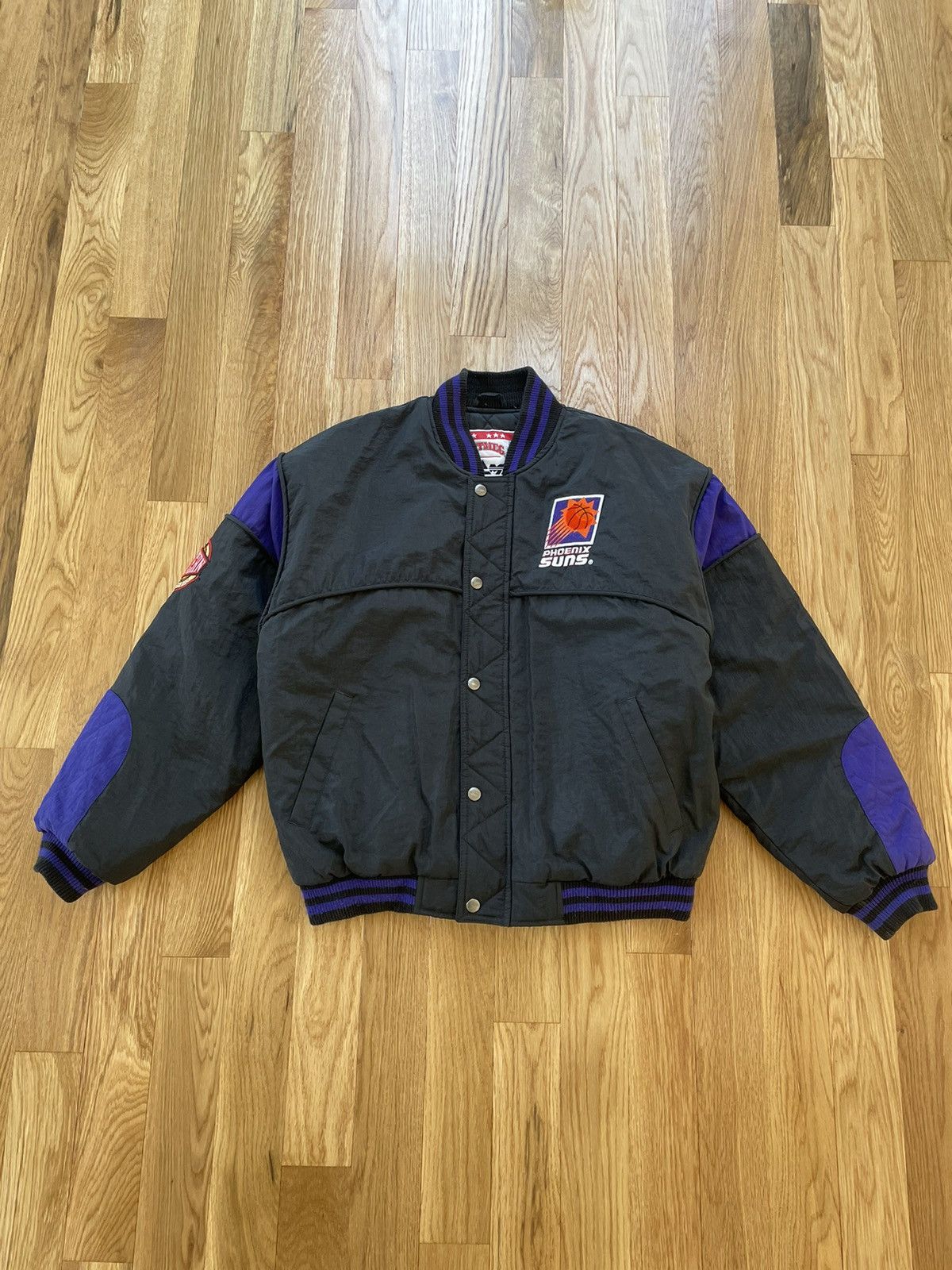 image of NBA x Nutmeg Mills By Campri Vintage Phoenix Suns Bomber Varsity in Black, Men's (Size Large)