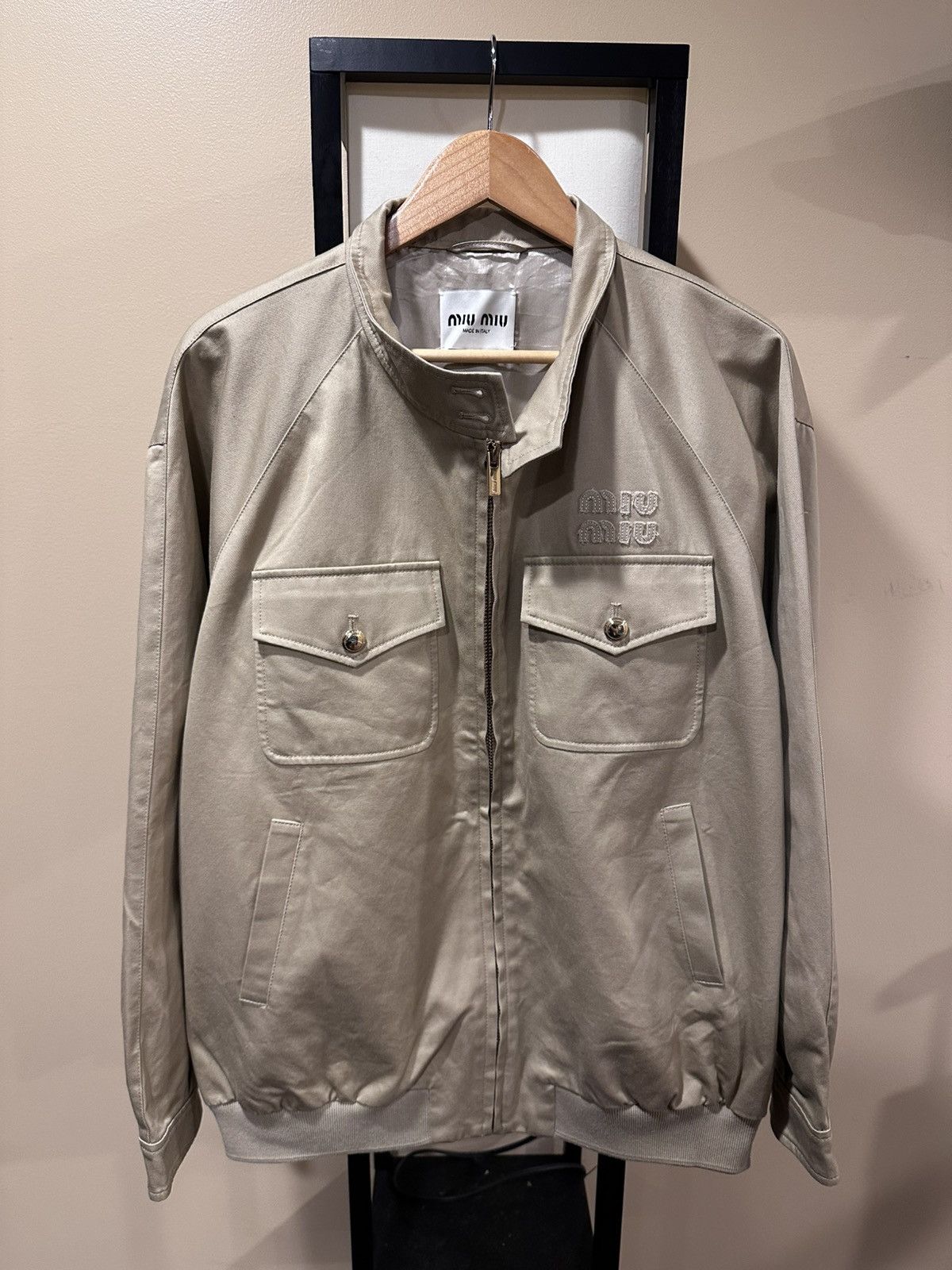 Miu Miu Miu Miu Khaki / Biege Chino Cord Logo Blouson Bomber Jacket Size US M / EU 48-50 / 2 - 4 Thumbnail