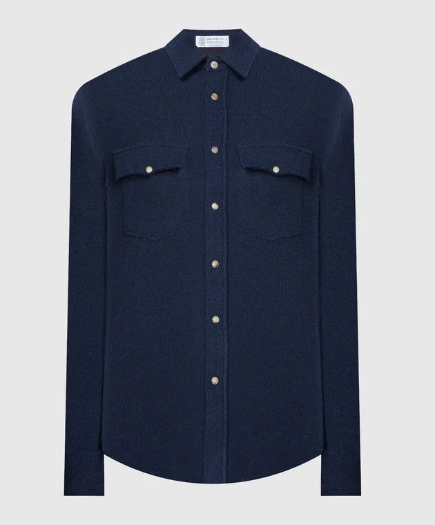 Brunello Cucinelli o1w1db10326 Wool Cashmere Silk Shirt in Navy Blue Size US XXL / EU 58 / 5 - 1 Thumbnail