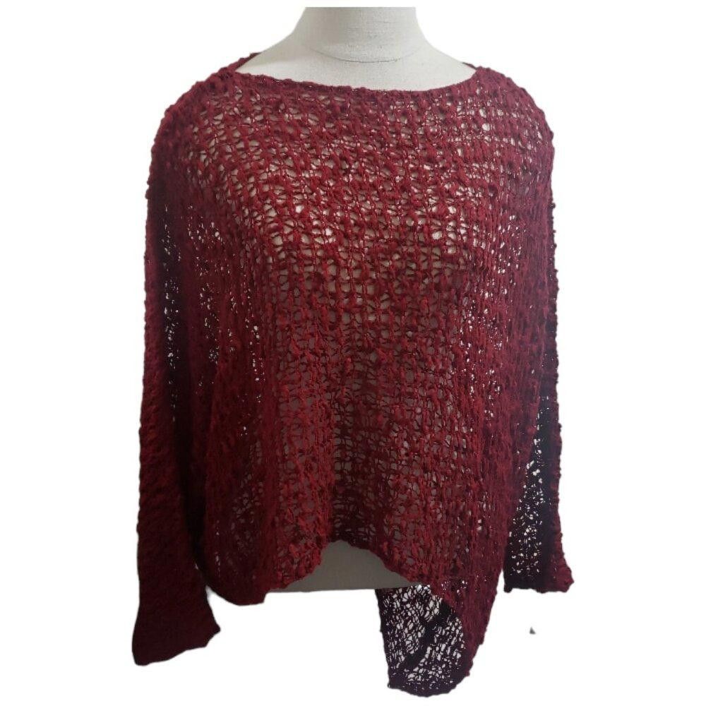 Designer CT1671 Deep Red Blue Crochet Poncho L Size L / US 10 / IT 46 - 1 Thumbnail