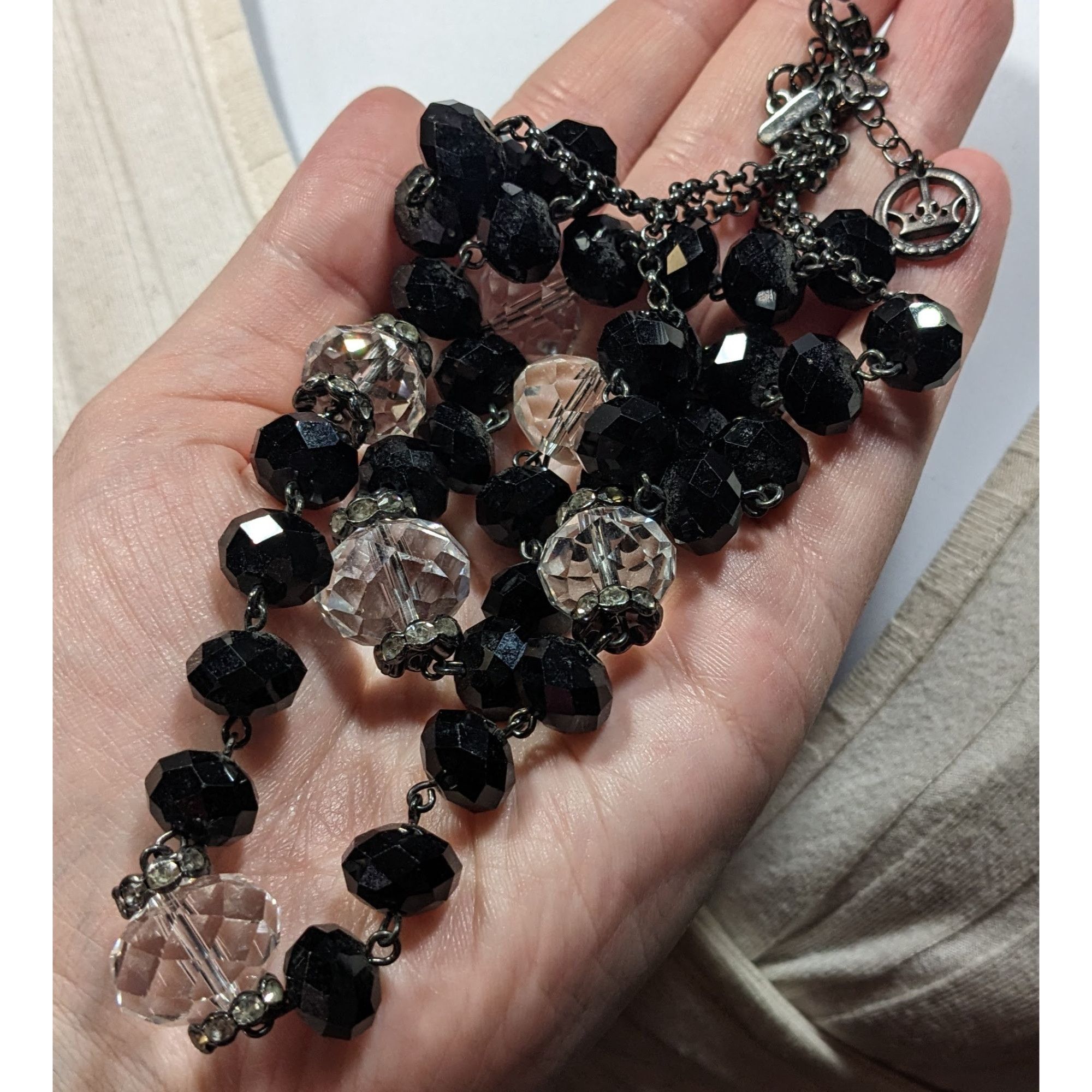 Other Vintage Crown Trifari Black And Clear Glass Beaded Layered N Size ONE SIZE - 3 Thumbnail