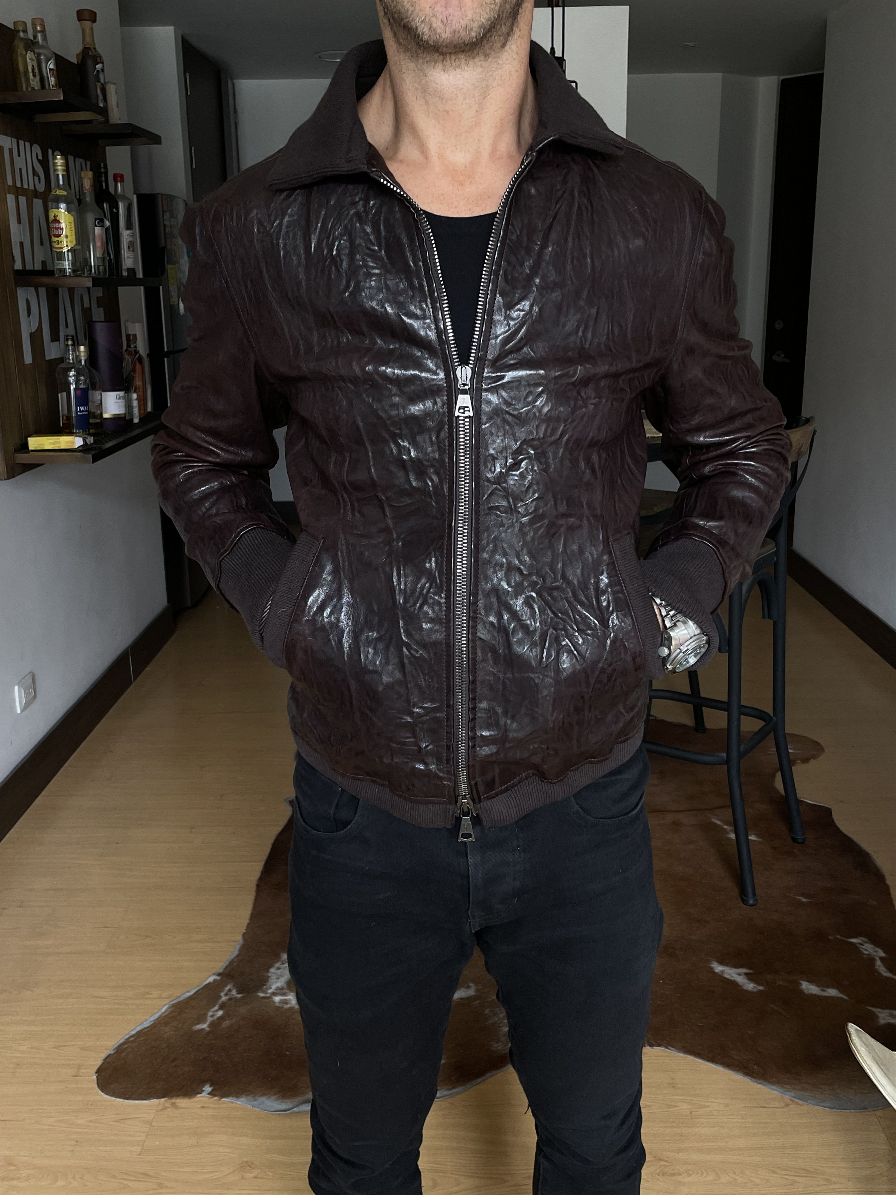 John Varvatos John Varvatos Crinkled Bomber Leather Jacket Brown $2698 Size US S / EU 44-46 / 1 - 1 Thumbnail