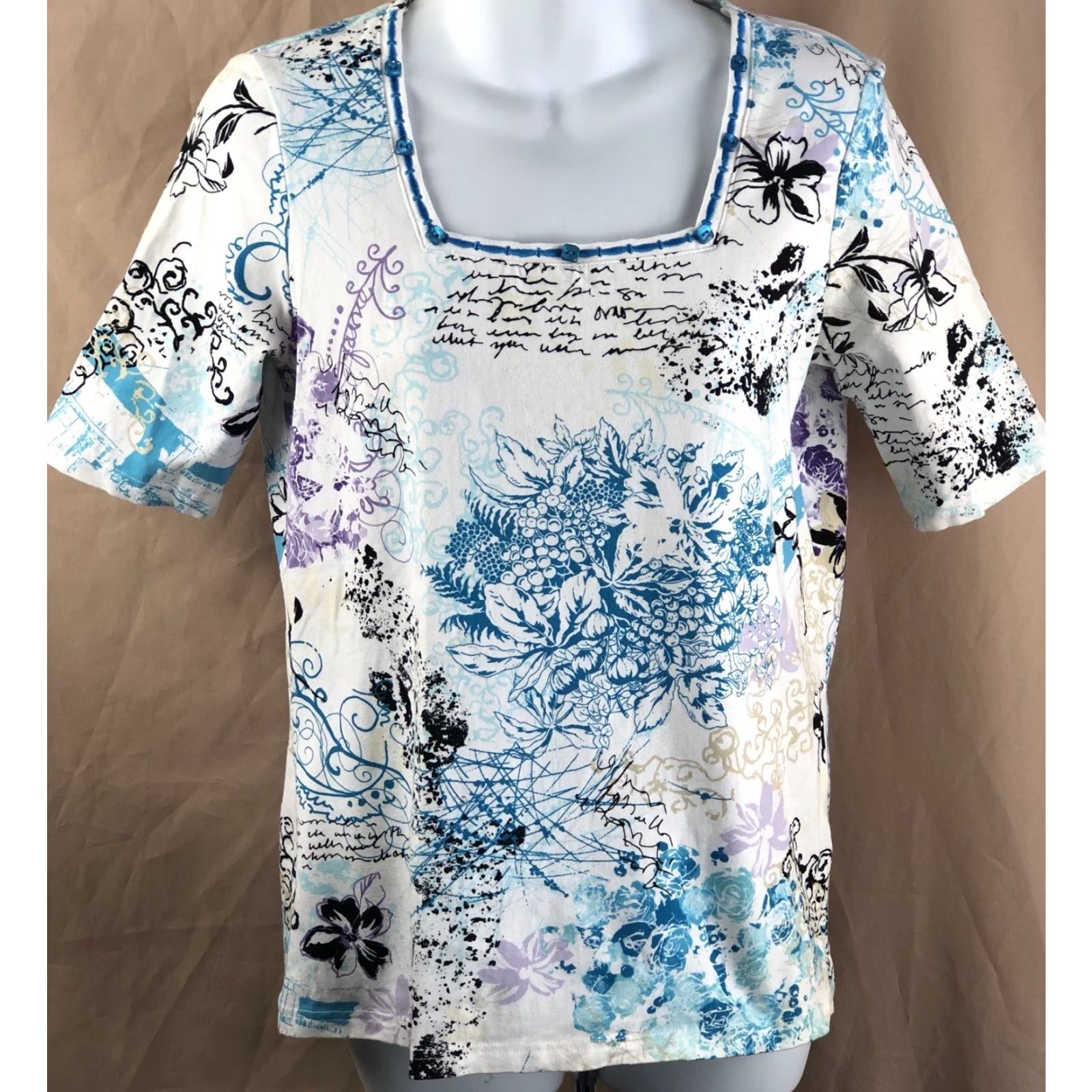 Vintage Christopher & Banks Top T-Shirt S Wht/Blue Geo Square Neck Short Sleeve Tee Coastal Womens XS? Size S / US 4 / IT 40 - 6 Thumbnail