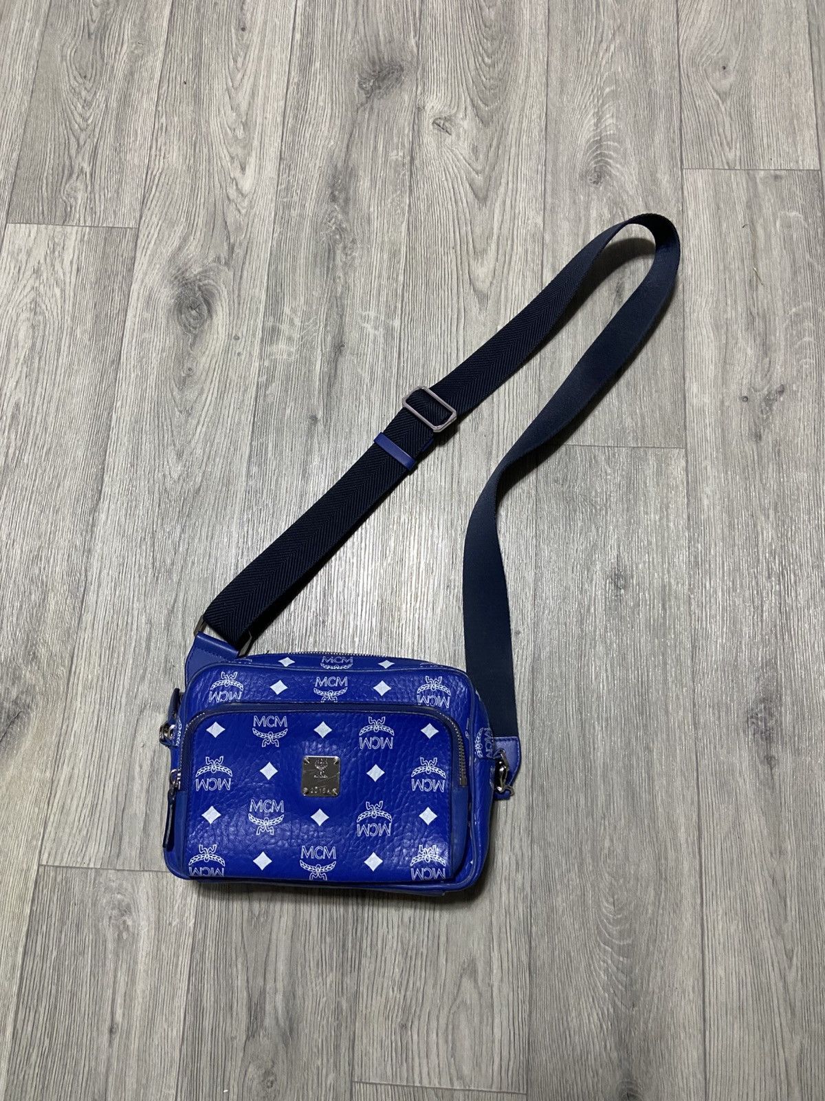 MCM blue monogram crossbody bag
