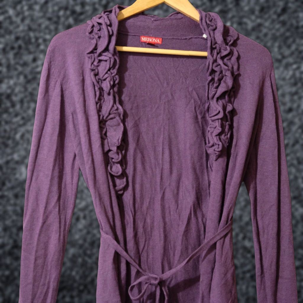 Merona VINTAGE Merona Cardigan Open Front Lightweight Womens M Purple Ruffle Trim Belted, Knit, Nylon/Rayon, Slim, Regular, Long Sleeve, Shirt? Size M / US 6-8 / IT 42-44 - 1 Thumbnail