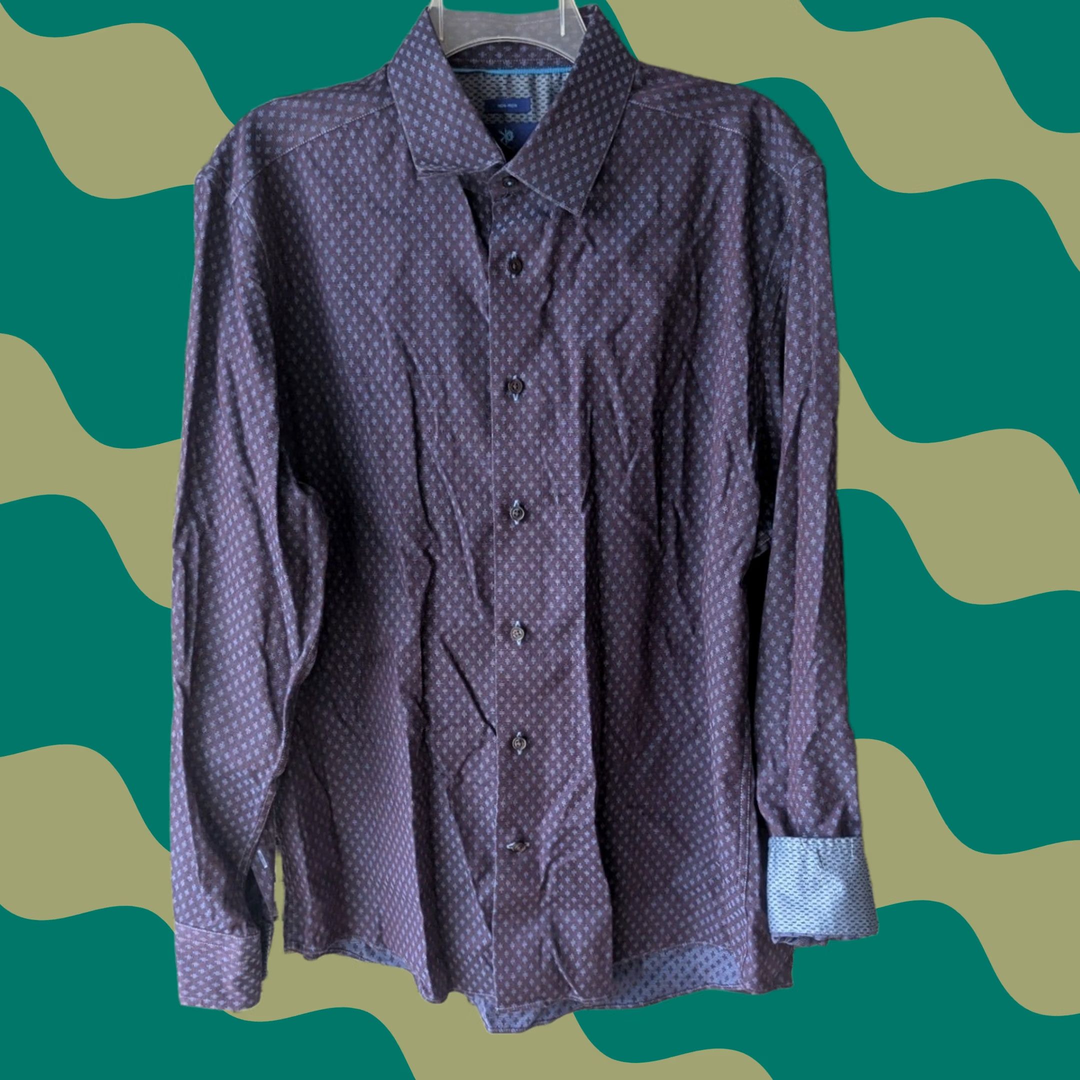 Egara Egara Mens L Button Up Shirt Burgundy Blue Geometric Diamond Non-Iron Stretch Size US L / EU 52-54 / 3 - 1 Thumbnail
