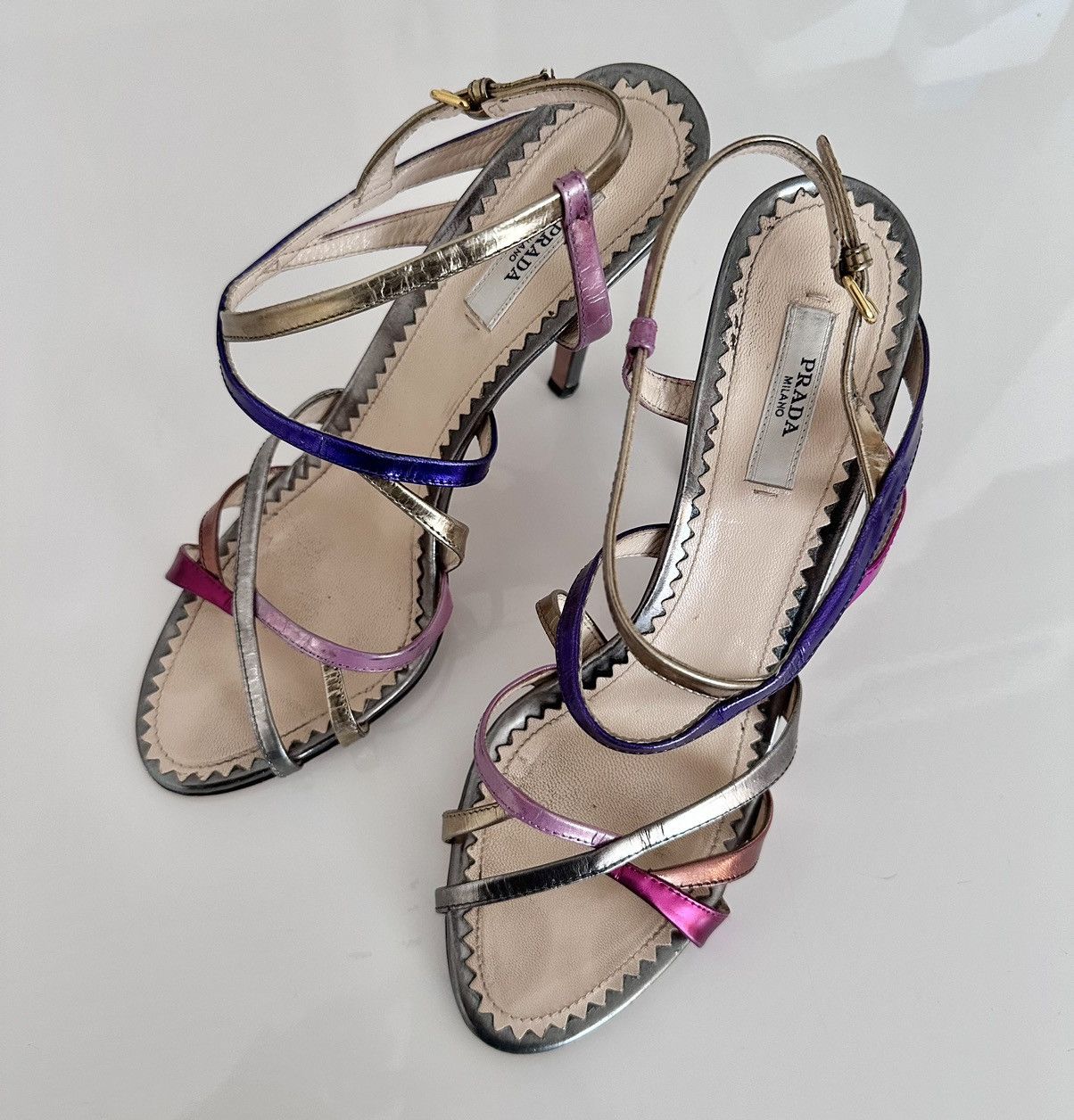 image of Prada Metallic Strappy Heel Shoes, Women's (Size 7.5)