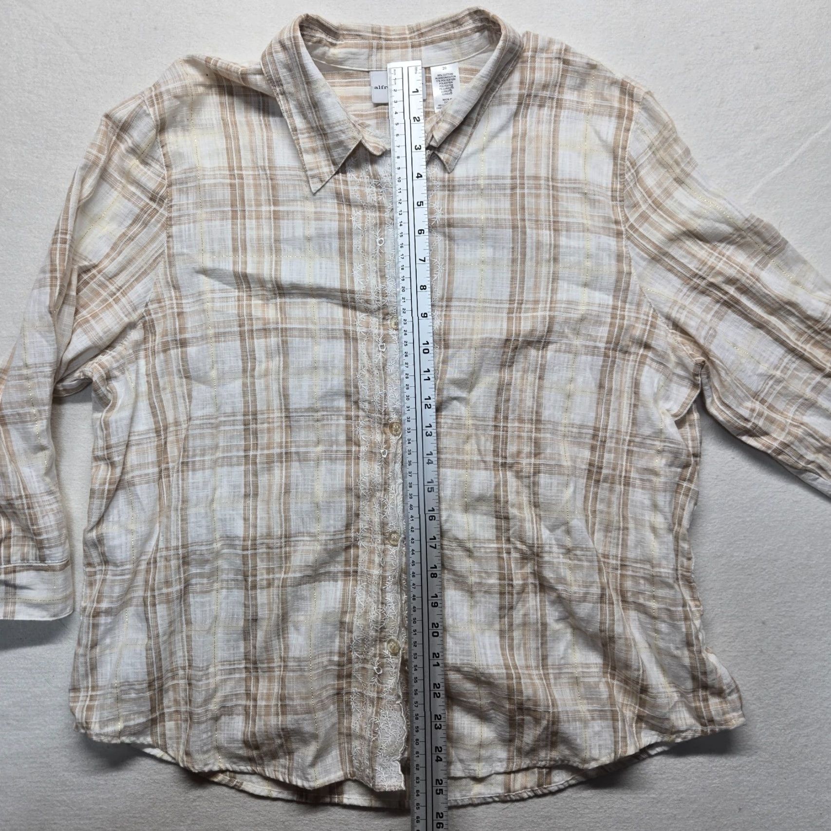 Vintage Alfred Dunner Button Up Shirt Women's 20W Tan Brown Checkard Check 3/4 Sleeve Size 3XL / US 20-22 - 6 Thumbnail