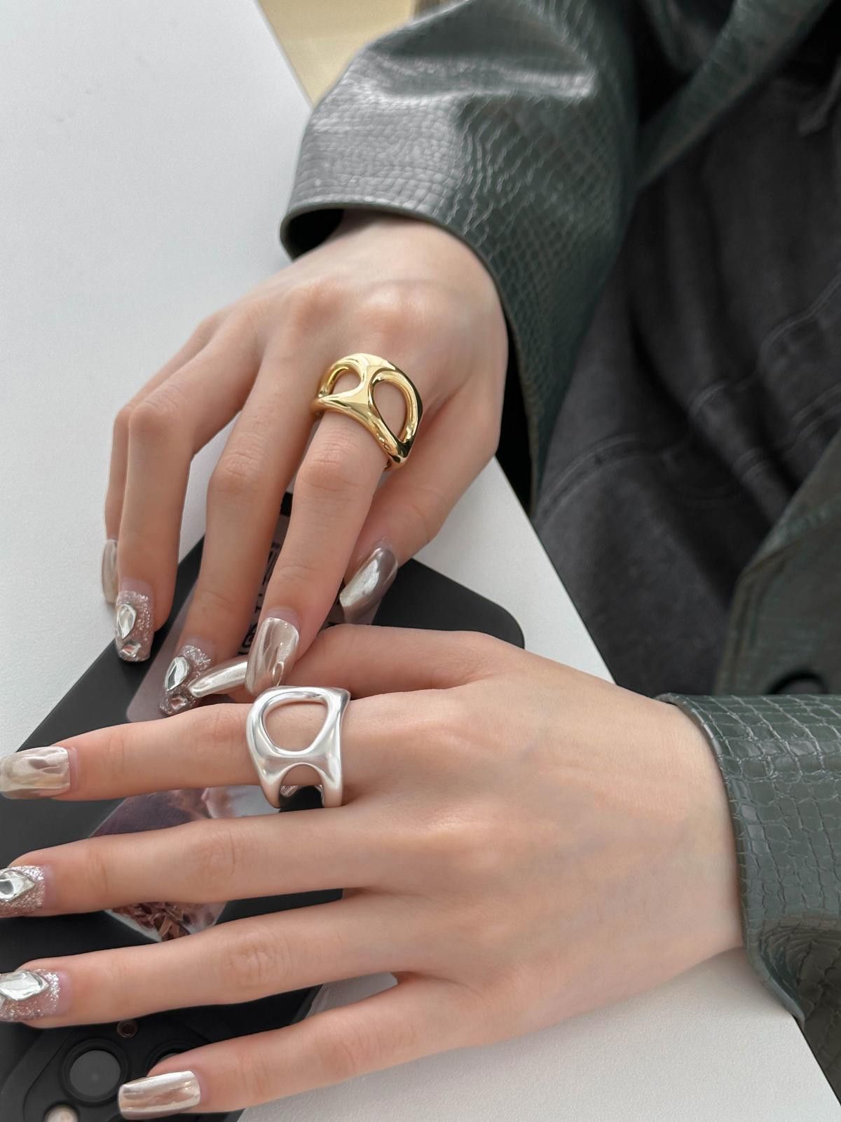 Jewelry Liquid Metal Chunky Hollow Open Adjustable Set Of Rings Size ONE SIZE - 5 Thumbnail