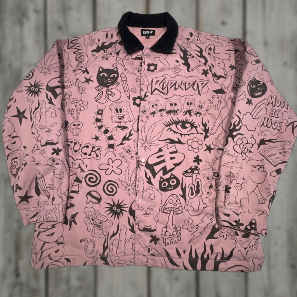 RIPNDIP Men's Bomber Jacket L Mauve All Over Cats Mushrooms Weed Eyes Casual Streetwear