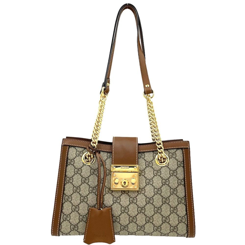 image of Gucci GG Small Chain Shoulder Bag Padlock Beige Brown in Black, Women's