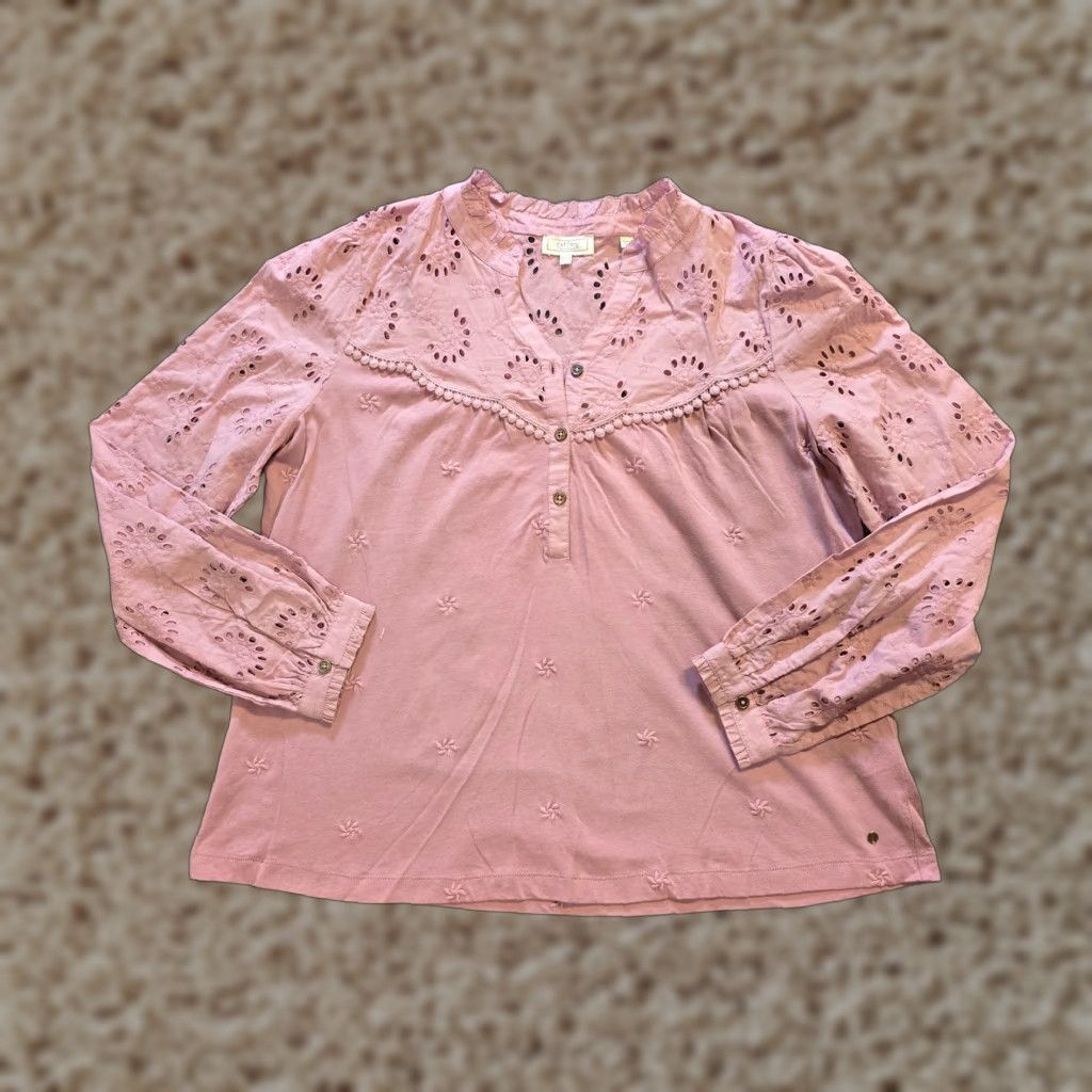 FatFace Fat Face Top Womens Size 10 Pink Peasant V Neck Eyelet Lace Sleeve Boho Casual Blouse Size L / US 10 / IT 46 - 1 Thumbnail