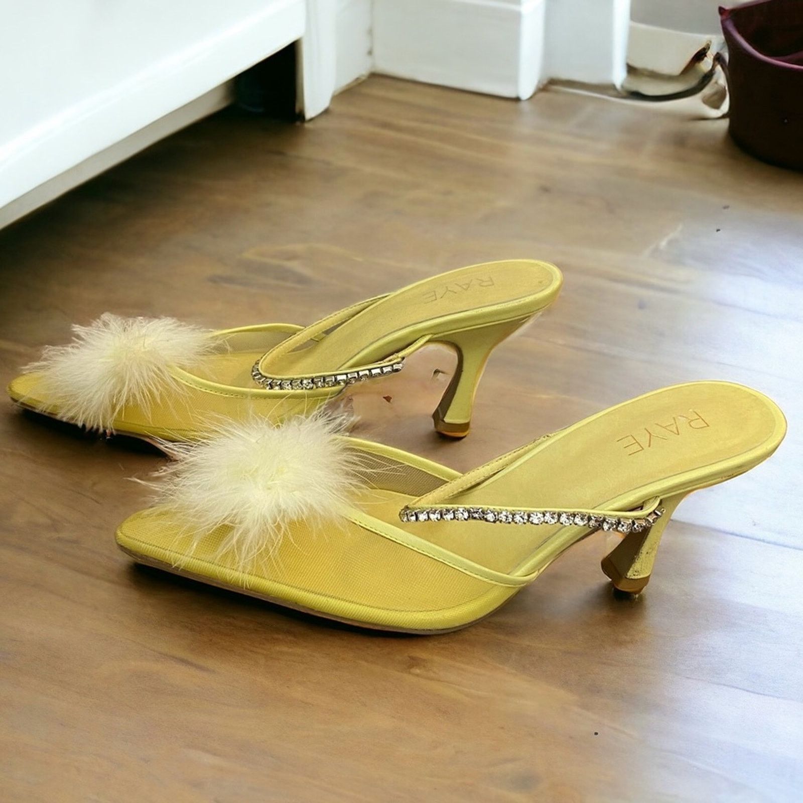 Designer RAYE Duke Heel Mesh Feather pompom Crystal Strap Yellow 9.5 Size US 9.5 / IT 39.5 - 8 Thumbnail