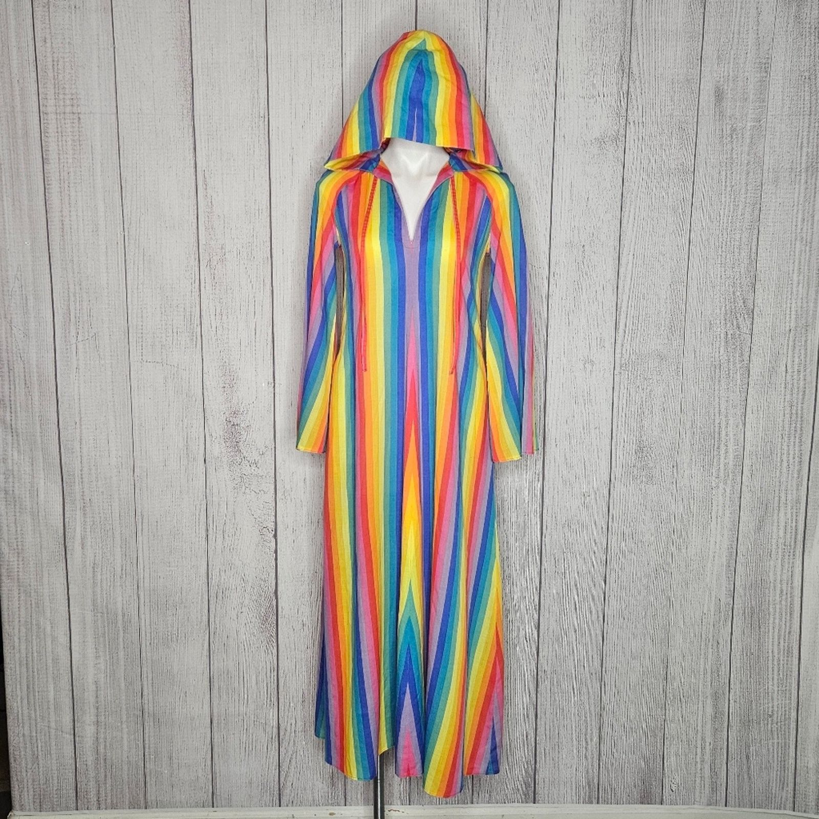 Vintage VTG OOAK Hooded Rainbow Stripe Maxi Dress, Flared Sleeves Size S / US 4 / IT 40 - 8 Thumbnail