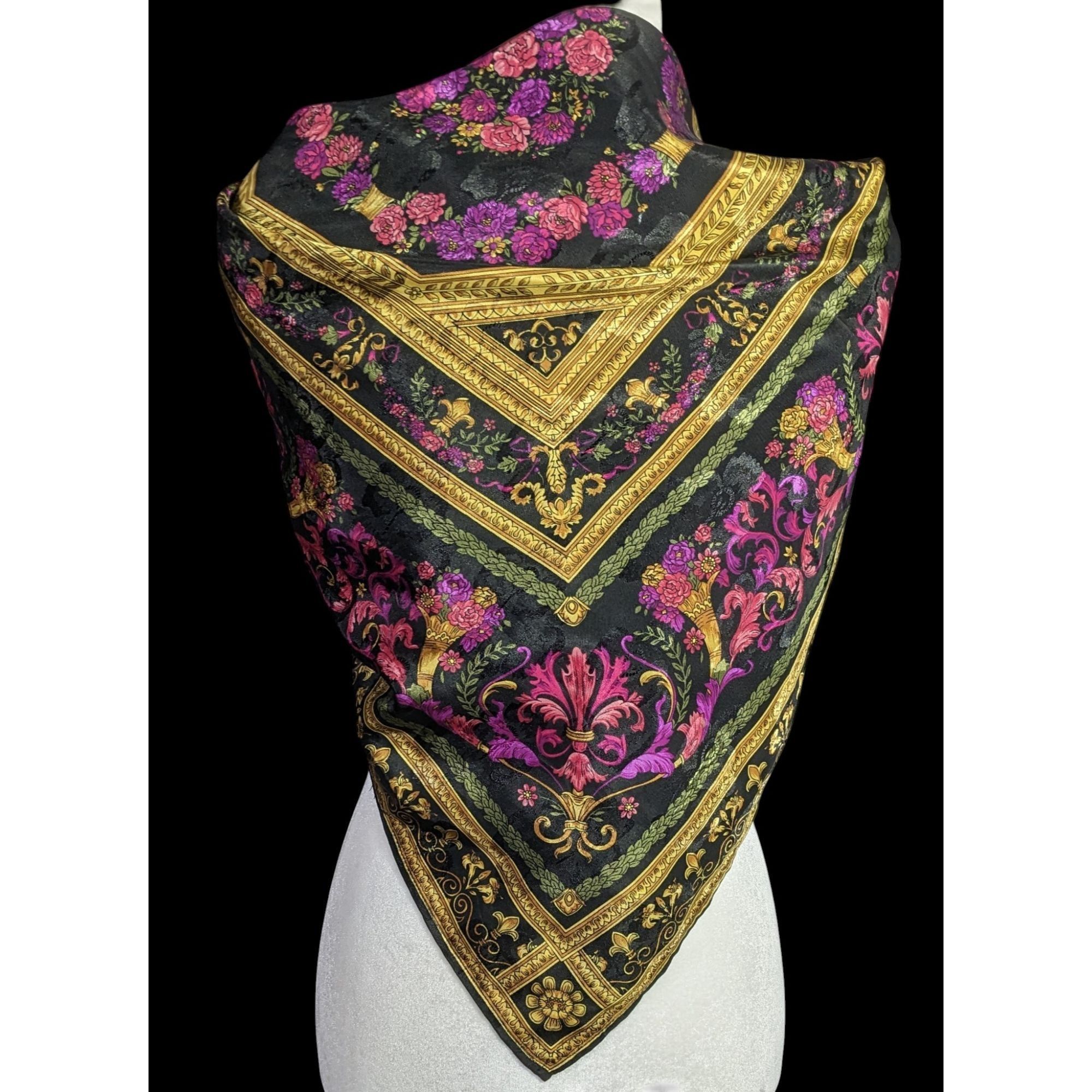 Other Vintage Floral Embossed Scarf 34"x34" Ornate Black Gold Pink Size ONE SIZE - 2 Thumbnail