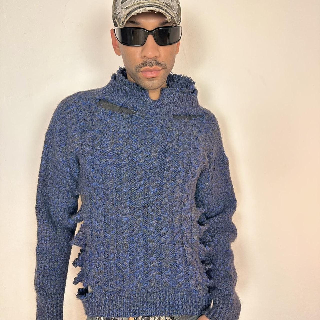 Vintage ASTROBOI* 'Slashed' Navy Cable Knit Wool Grunge Sweater - XL Size US XL / EU 56 / 4 - 8 Thumbnail