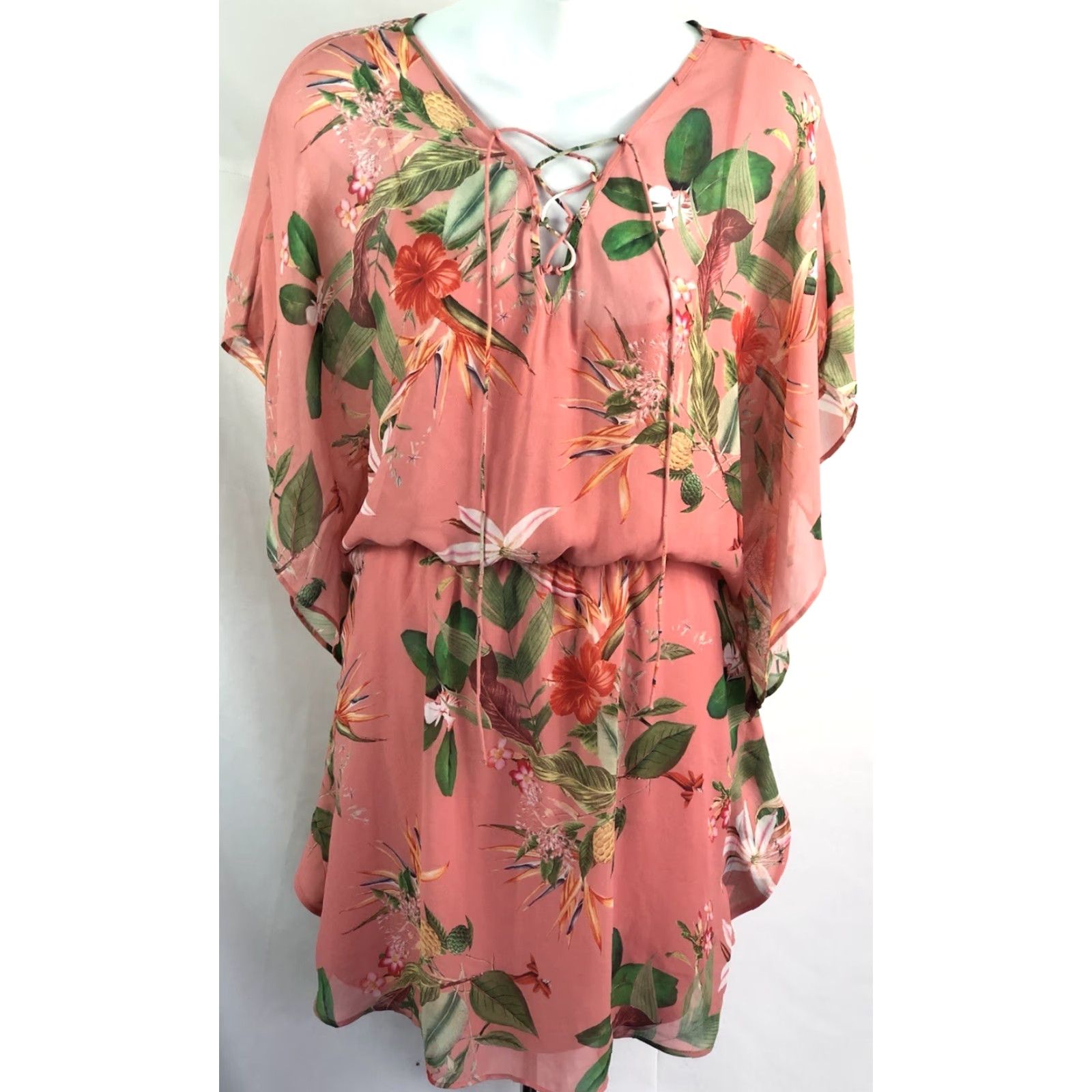Express Express Pink Floral Chiffon Mini Dress M Short Sleeve V-Neck Lace Up Beach Hippie Tropical Girls Womens Dress Size M / US 6-8 / IT 42-44 - 6 Thumbnail
