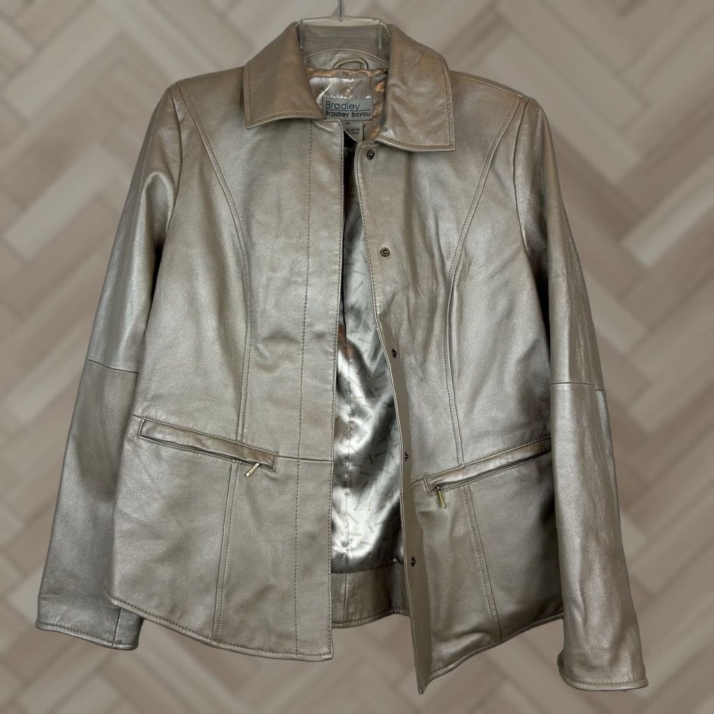 Bradley Bayou Metallic Leather Jacket Womens M Champagne Regular