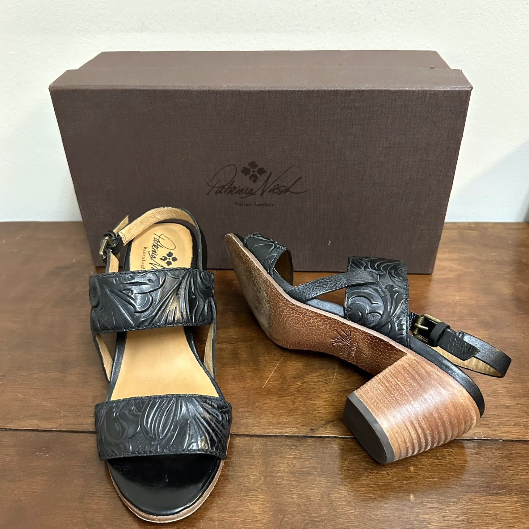 Patricia Nash Romana Italian Tooled Leather Block Heeled Sandals Size US 7 Womens Sandal Black Leather Block Heel Slingback 7 Italian Floral Theme