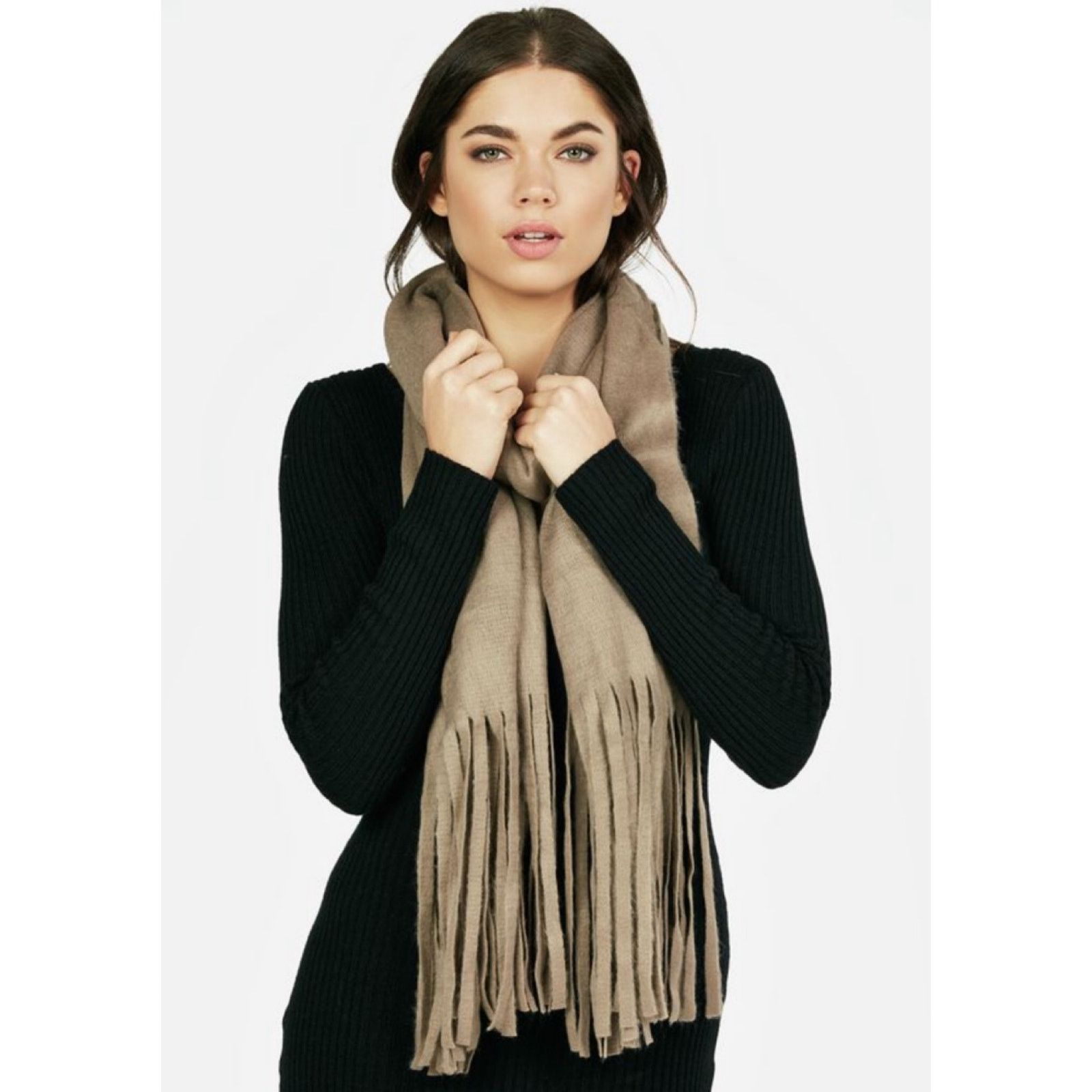 Other Light Brown Taupe Knit Fringe Scarf Soft Cozy Minimalist NWT Size ONE SIZE - 16 Thumbnail