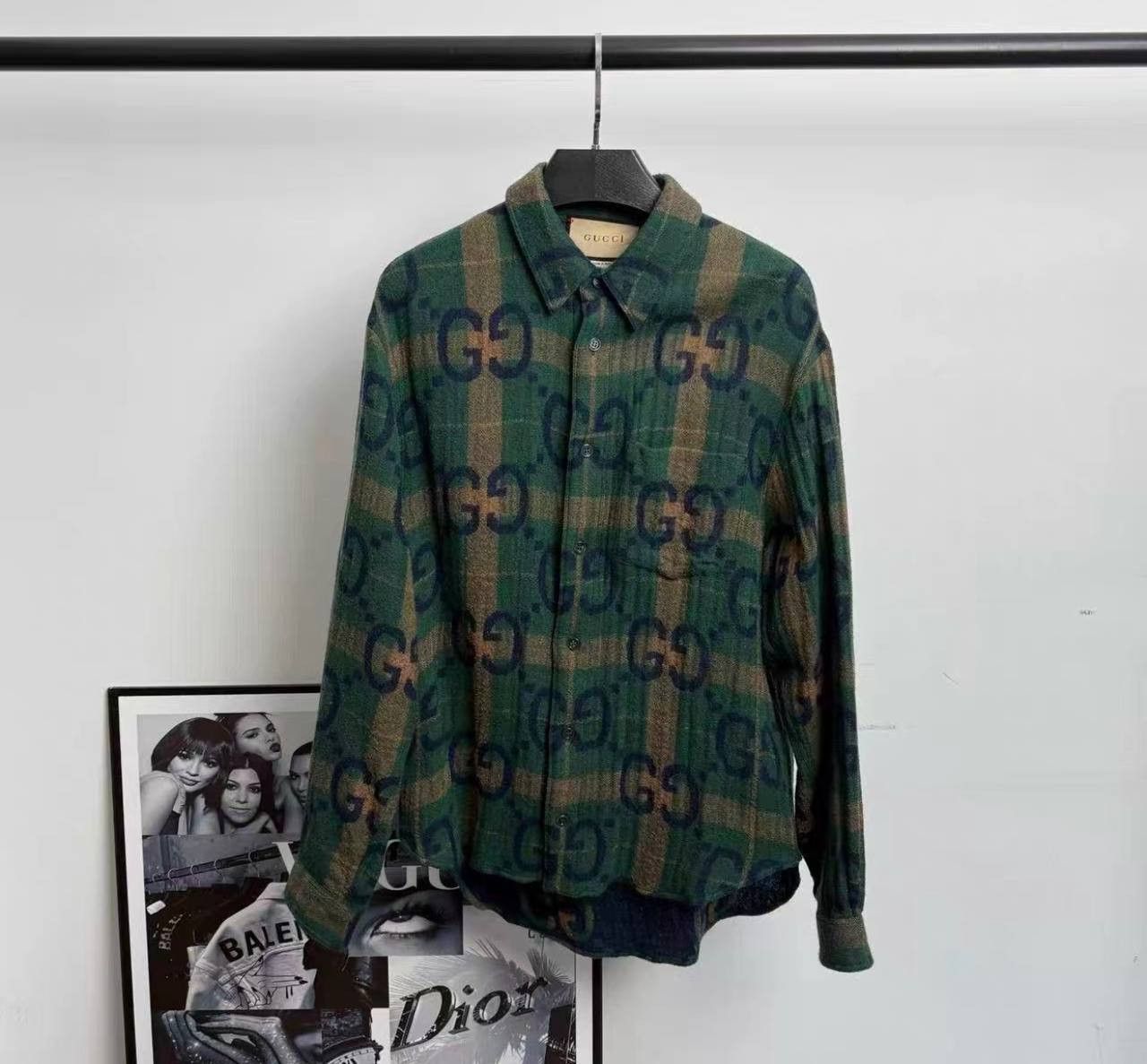 Gucci GUCCI green checked wool shirt with double G logo Size US M / EU 48-50 / 2 - 1 Thumbnail