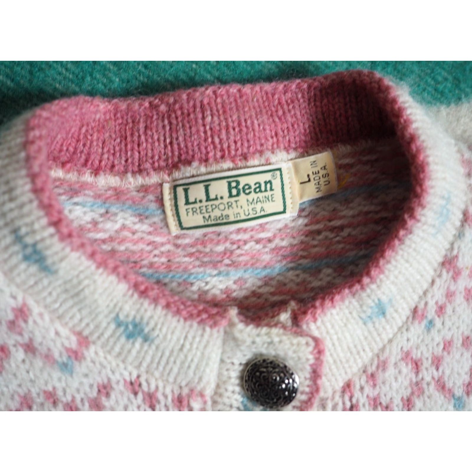 Vintage VTG LL Bean Freeport Cardigan Sweater Pink Wool Fair Isle 70s L Womens Button Decade 1970s Boho Casual ID? Size L / US 10 / IT 46 - 4 Thumbnail