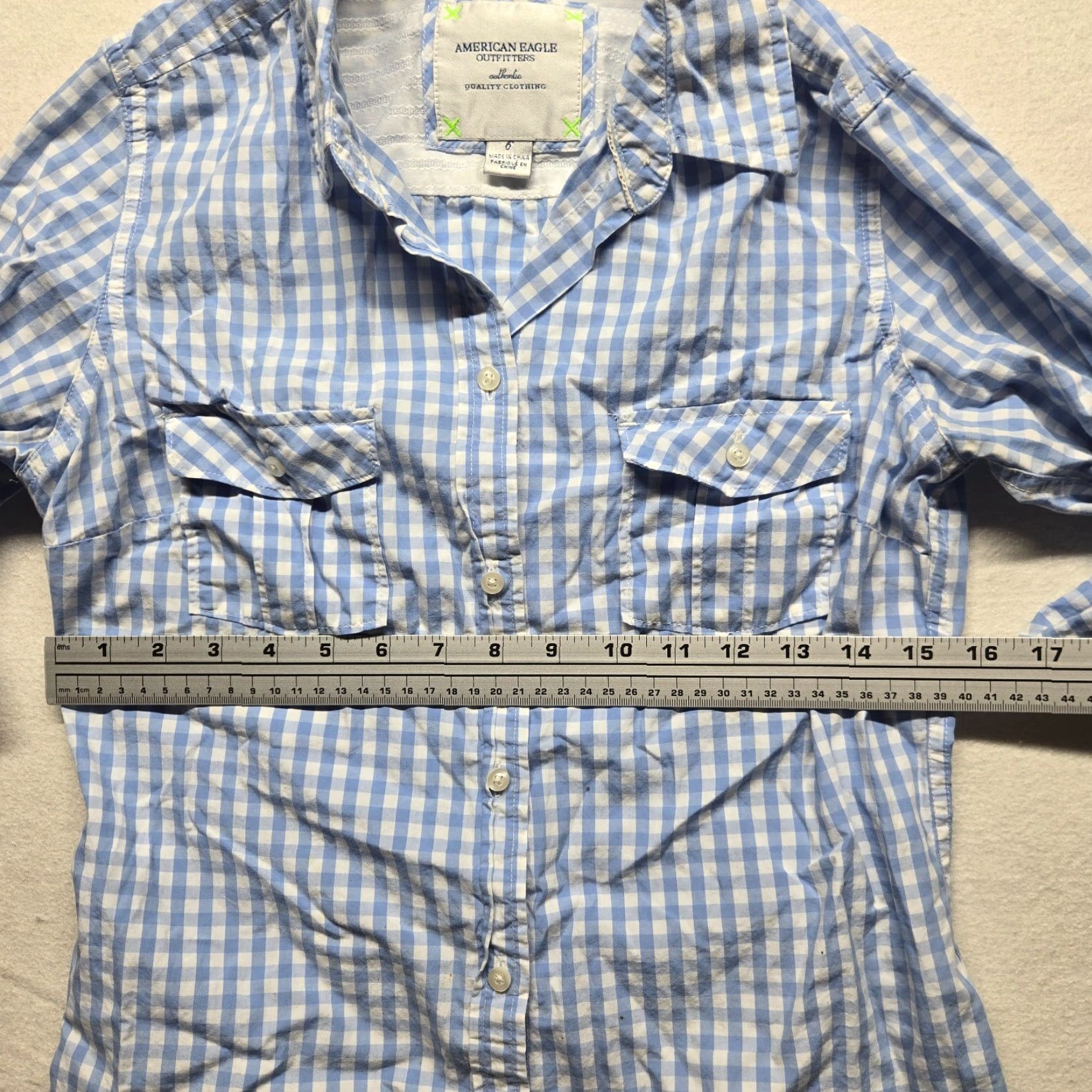 American Eagle Outfitters AMERICAN EAGLE Top Blue White Checkerd Button Up Lightweight Work Wear Women's 6 Size M / US 6-8 / IT 42-44 - 4 Thumbnail