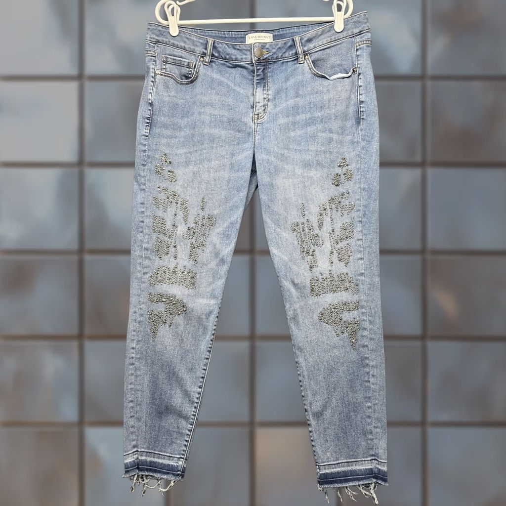 Vintage Lane Bryant Jeans Womens 18 Rhinestone Embellished Raw Hem Stretch Skinny Denim Jeans Size 40" / US 18 - 1 Thumbnail